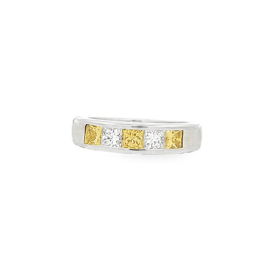 Vintage Yellow & White Princess Cut Diamond Platinum 5 Stone Ring