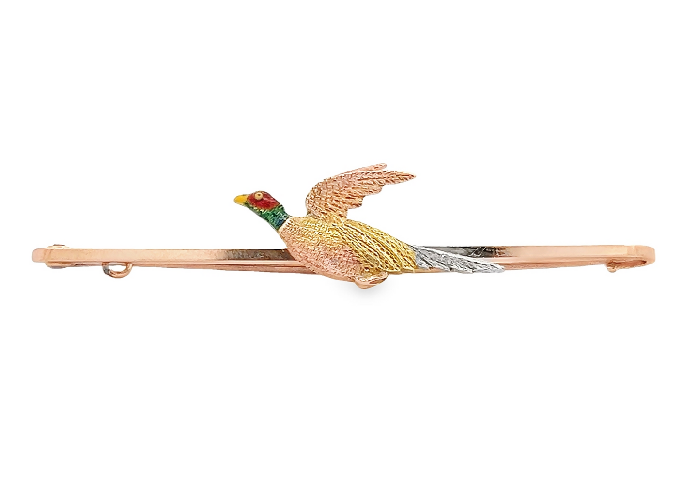 Antique Edwardian 15ct Gold & Platinum, Flying Pheasant Bar Brooch with Enamelled Head and Original Box