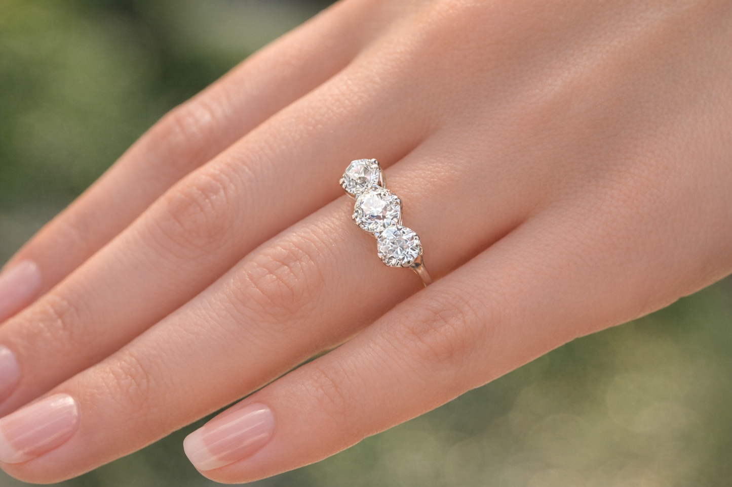 Antique Certificated 1.77 Carat Old European Cut Natural Diamond 3 Stone Platinum Ring. Diamond Trilogy Platinum Ring. English 1910- 1920.