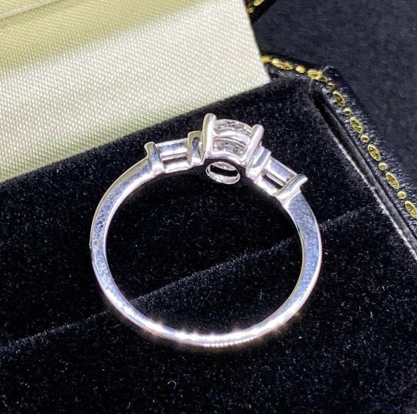Art Deco Engagement Ring. Diamond Solitaire. Certificated Diamond 18ct White Gold Ring. Modern Brilliant and Baguette Cut Diamonds.