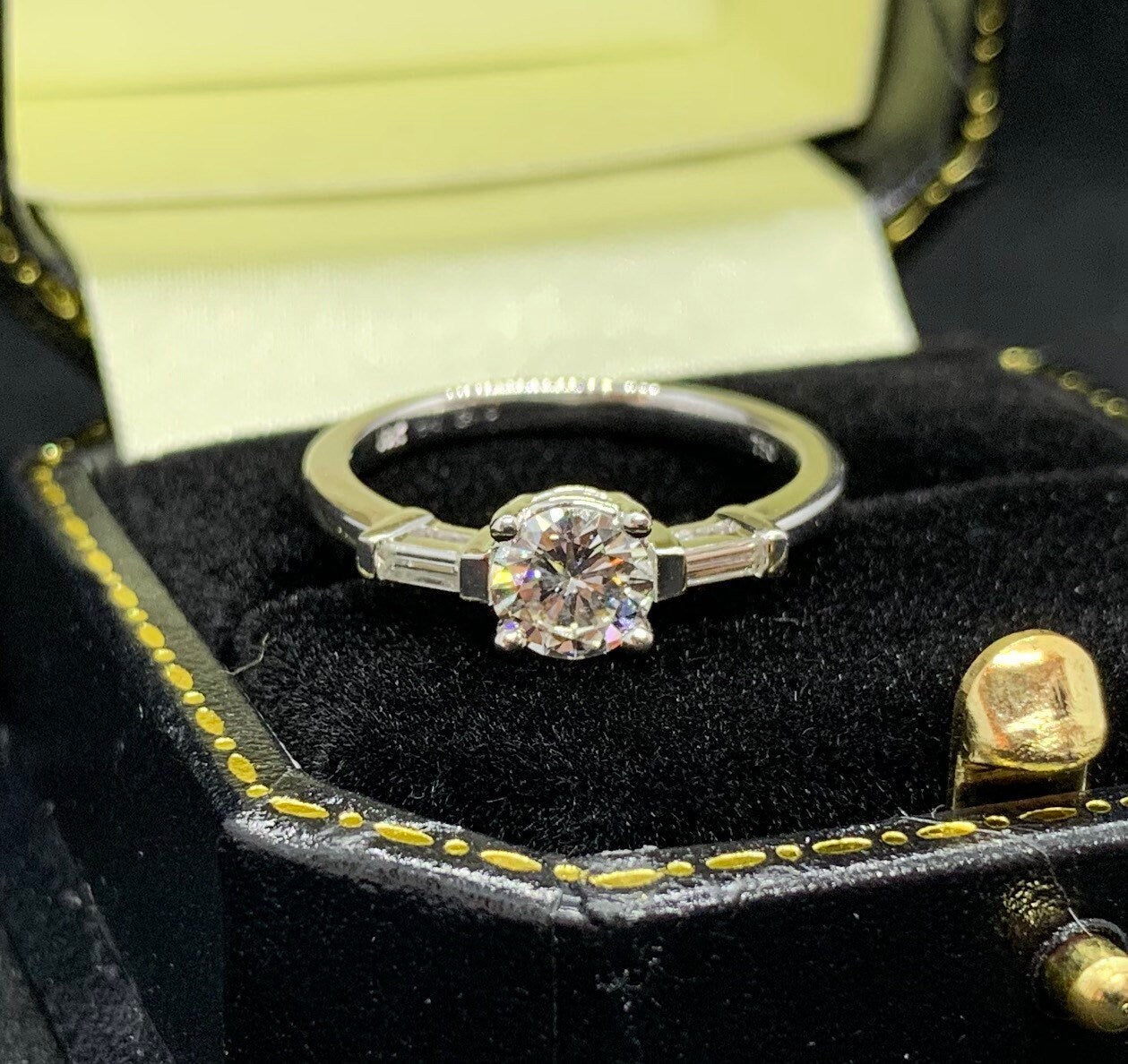 Art Deco Engagement Ring. Diamond Solitaire. Certificated Diamond 18ct White Gold Ring. Modern Brilliant and Baguette Cut Diamonds.