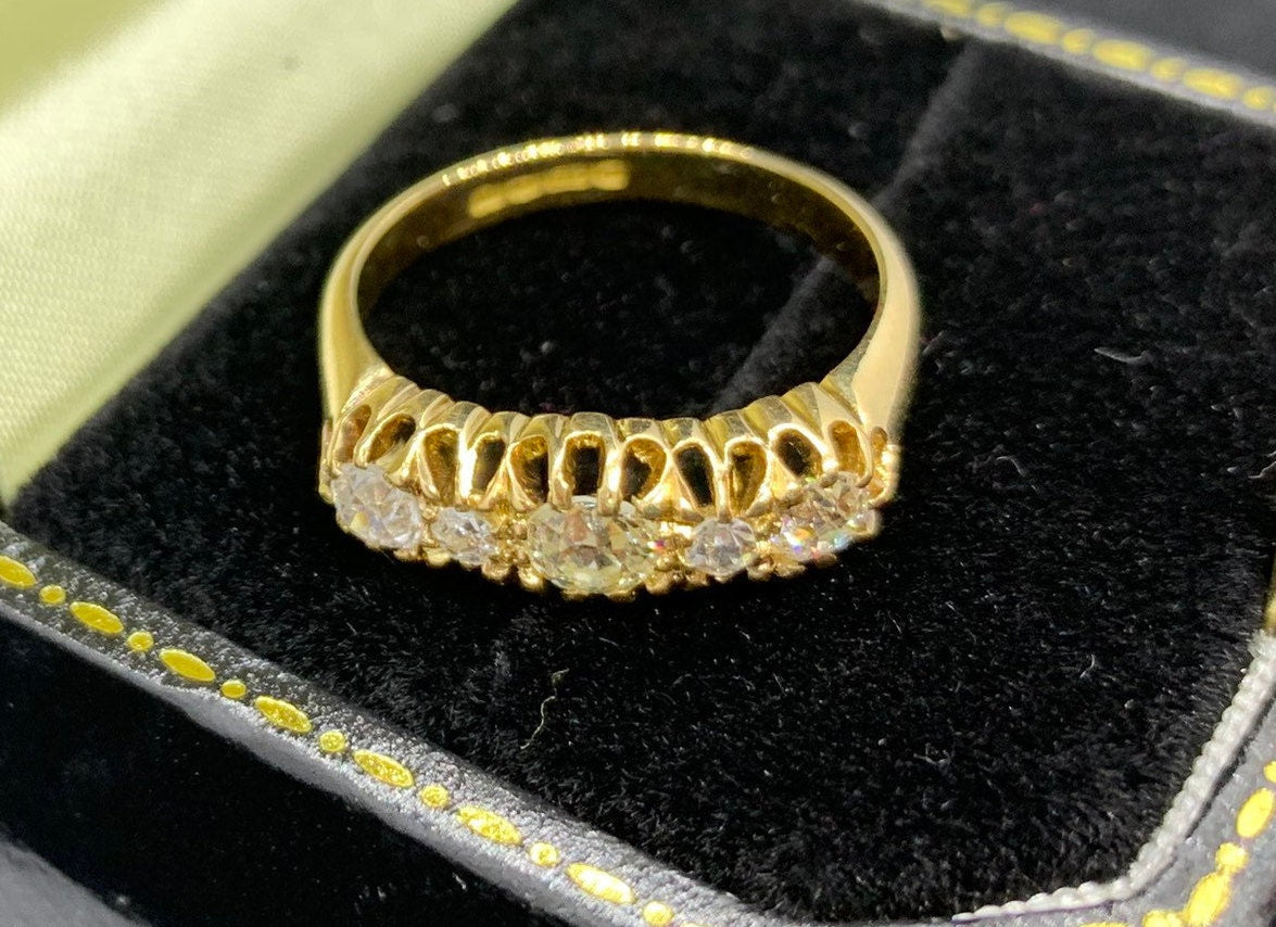 Antique 5 Stone Diamond Ring. Hallmarked 1871. Old Cut European Diamonds. English. 18ct Gold.