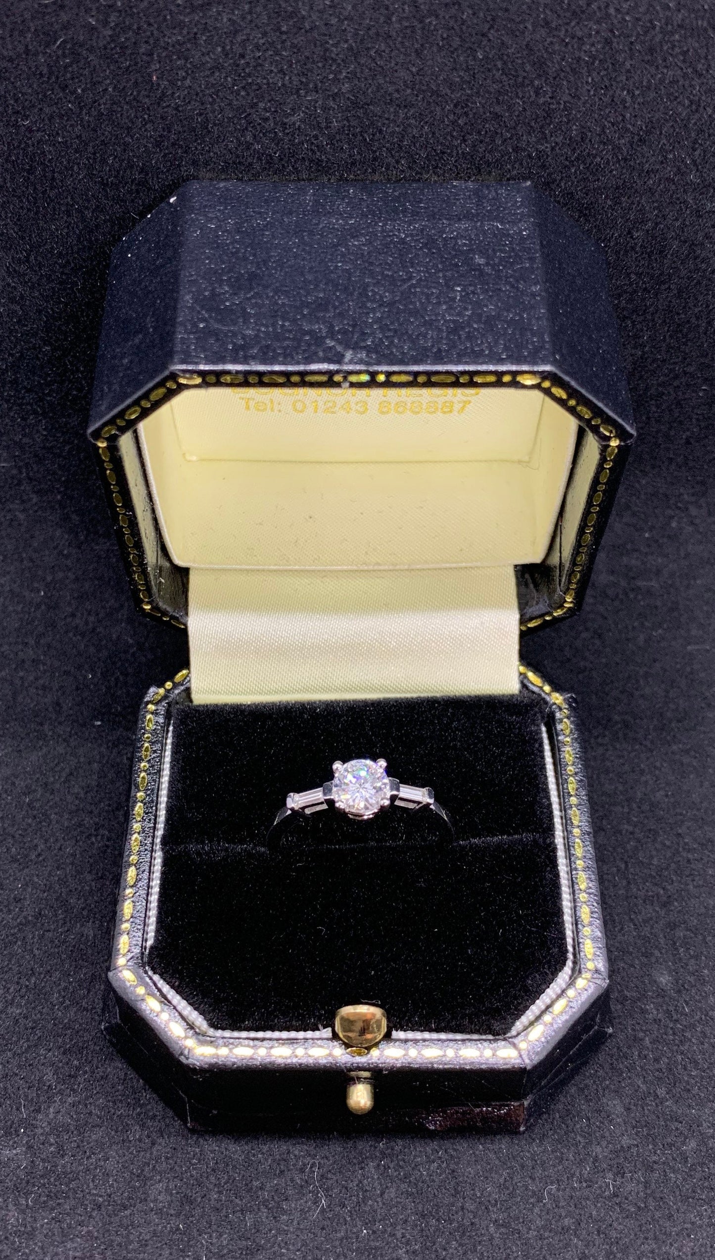 Art Deco Engagement Ring. Diamond Solitaire. Certificated Diamond 18ct White Gold Ring. Modern Brilliant and Baguette Cut Diamonds.