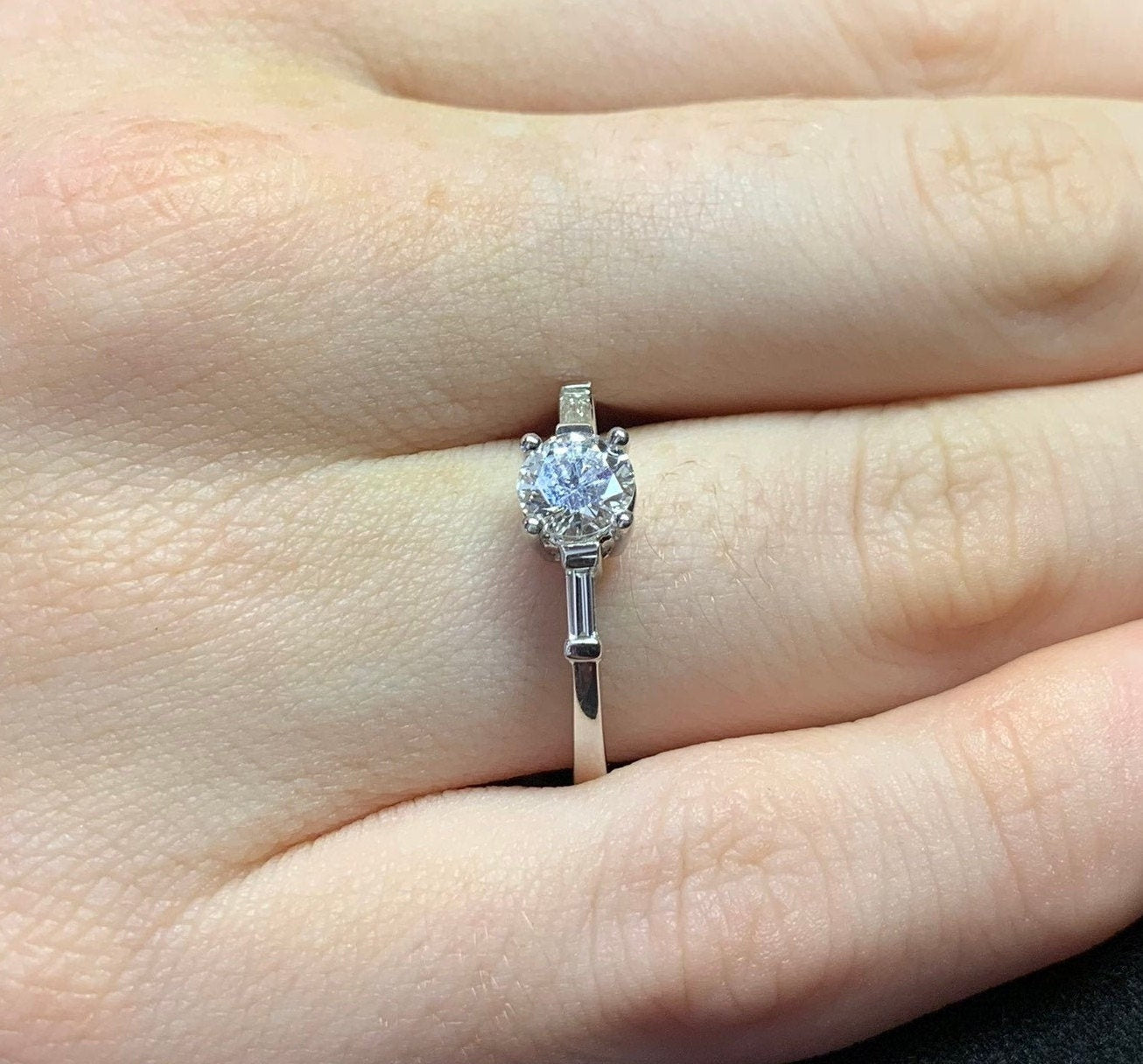 Art Deco Engagement Ring. Diamond Solitaire. Certificated Diamond 18ct White Gold Ring. Modern Brilliant and Baguette Cut Diamonds.