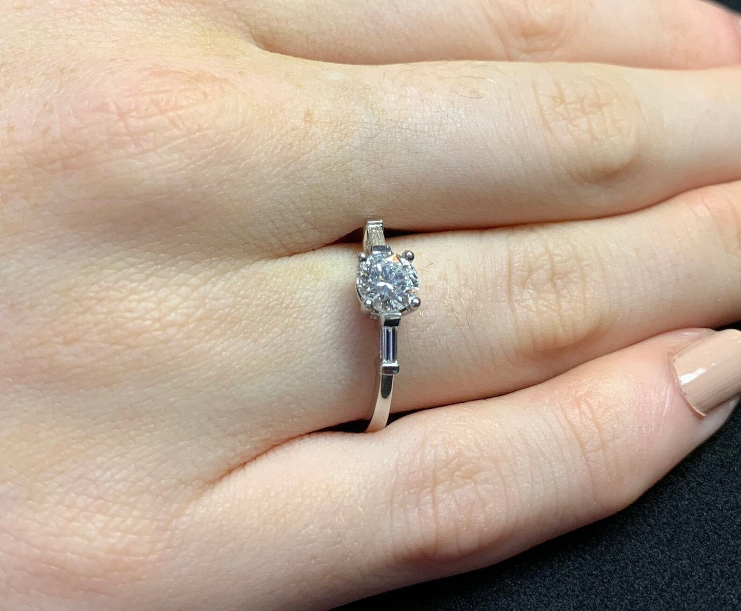 Art Deco Engagement Ring. Diamond Solitaire. Certificated Diamond 18ct White Gold Ring. Modern Brilliant and Baguette Cut Diamonds.