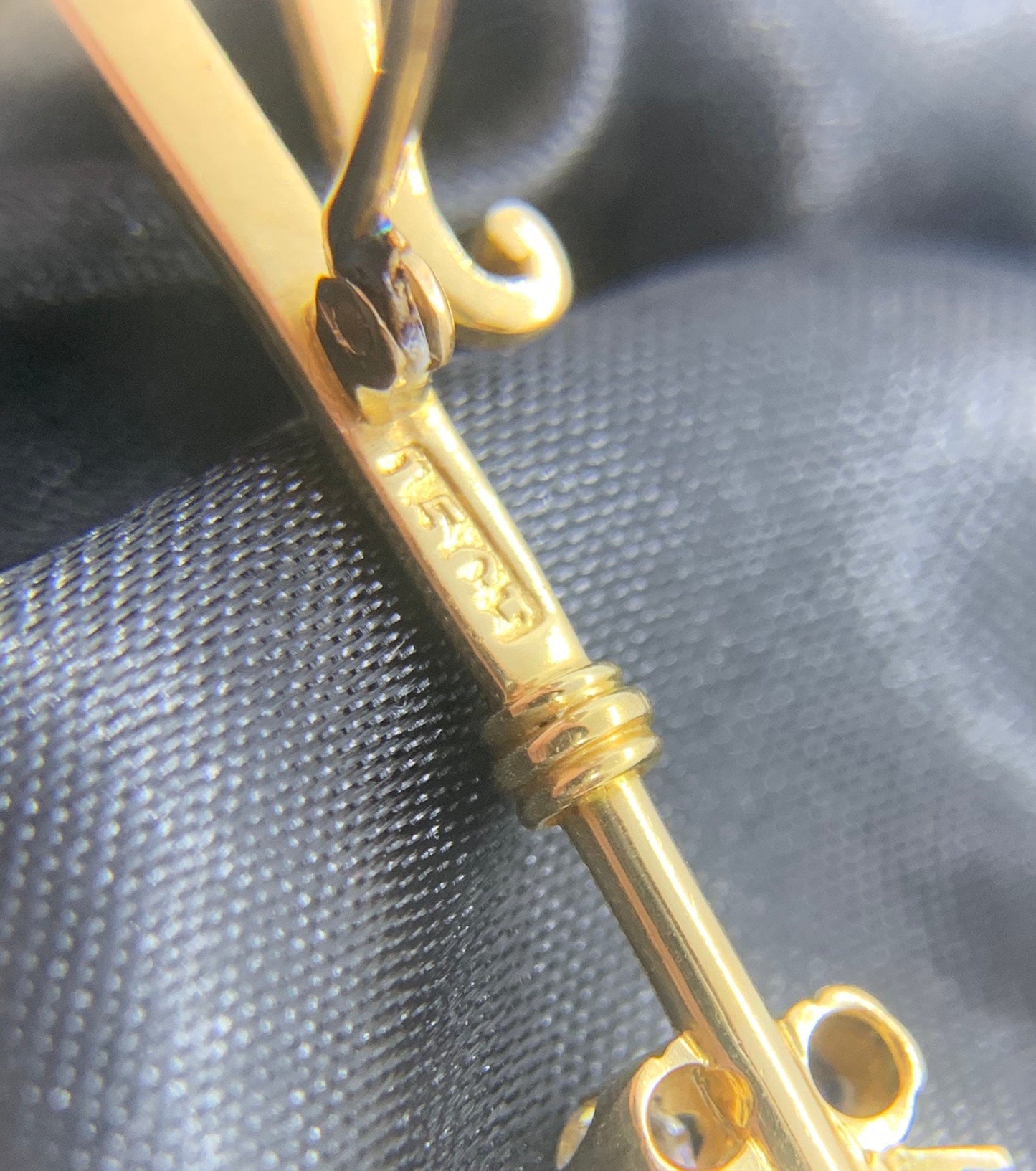 Antique Diamond, Sapphire and Ruby 15ct Gold Shepperd's Crook / Rod / Staff Brooch.