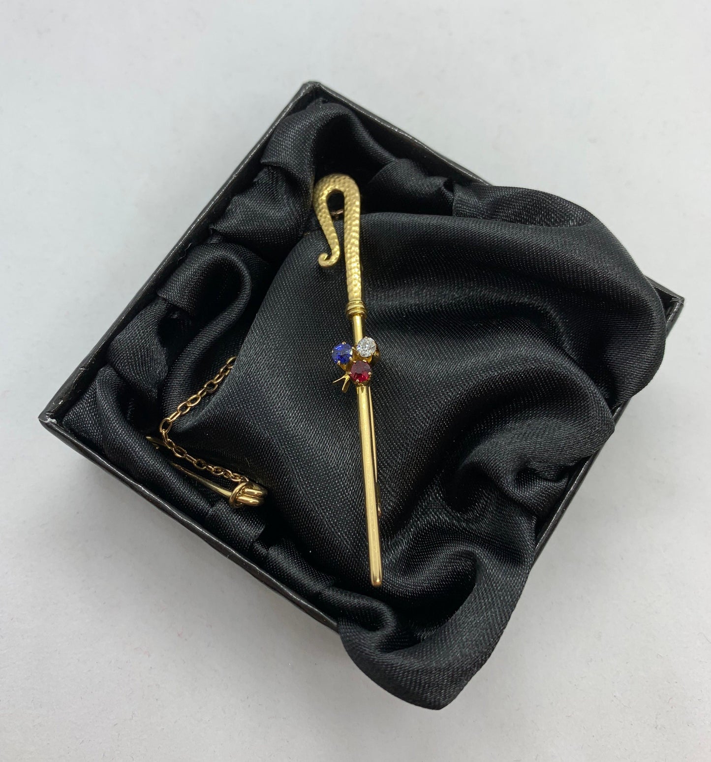 Antique Diamond, Sapphire and Ruby 15ct Gold Shepperd's Crook / Rod / Staff Brooch.