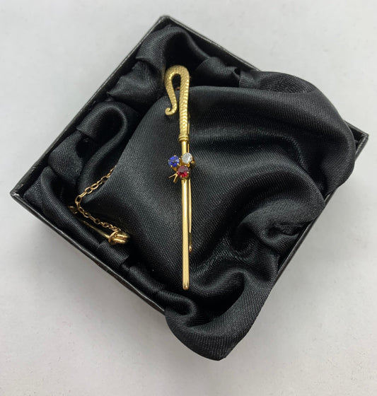 Antique Diamond, Sapphire and Ruby 15ct Gold Shepperd's Crook / Rod / Staff Brooch.