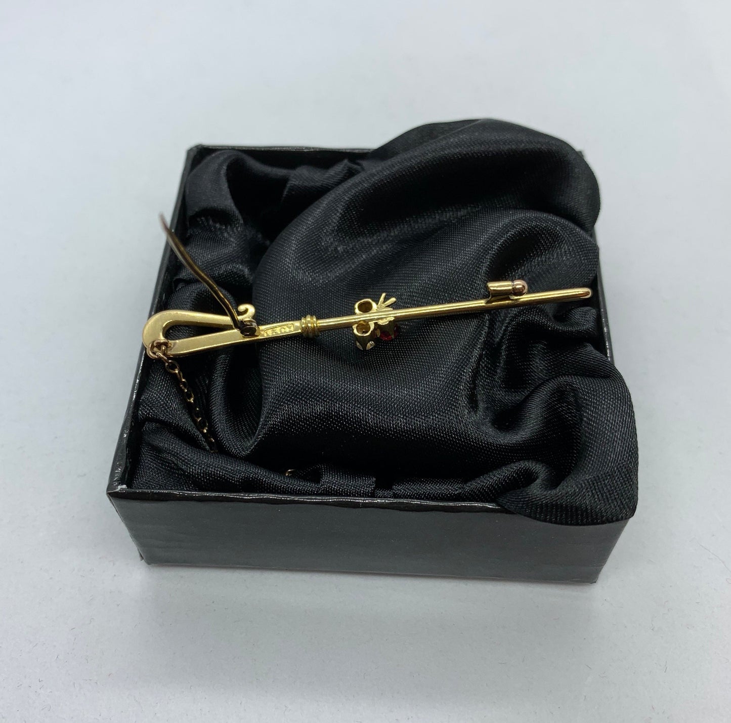 Antique Diamond, Sapphire and Ruby 15ct Gold Shepperd's Crook / Rod / Staff Brooch.