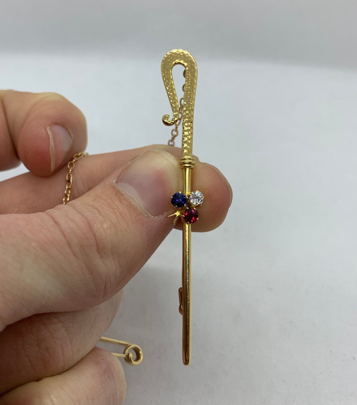 Antique Diamond, Sapphire and Ruby 15ct Gold Shepperd's Crook / Rod / Staff Brooch.