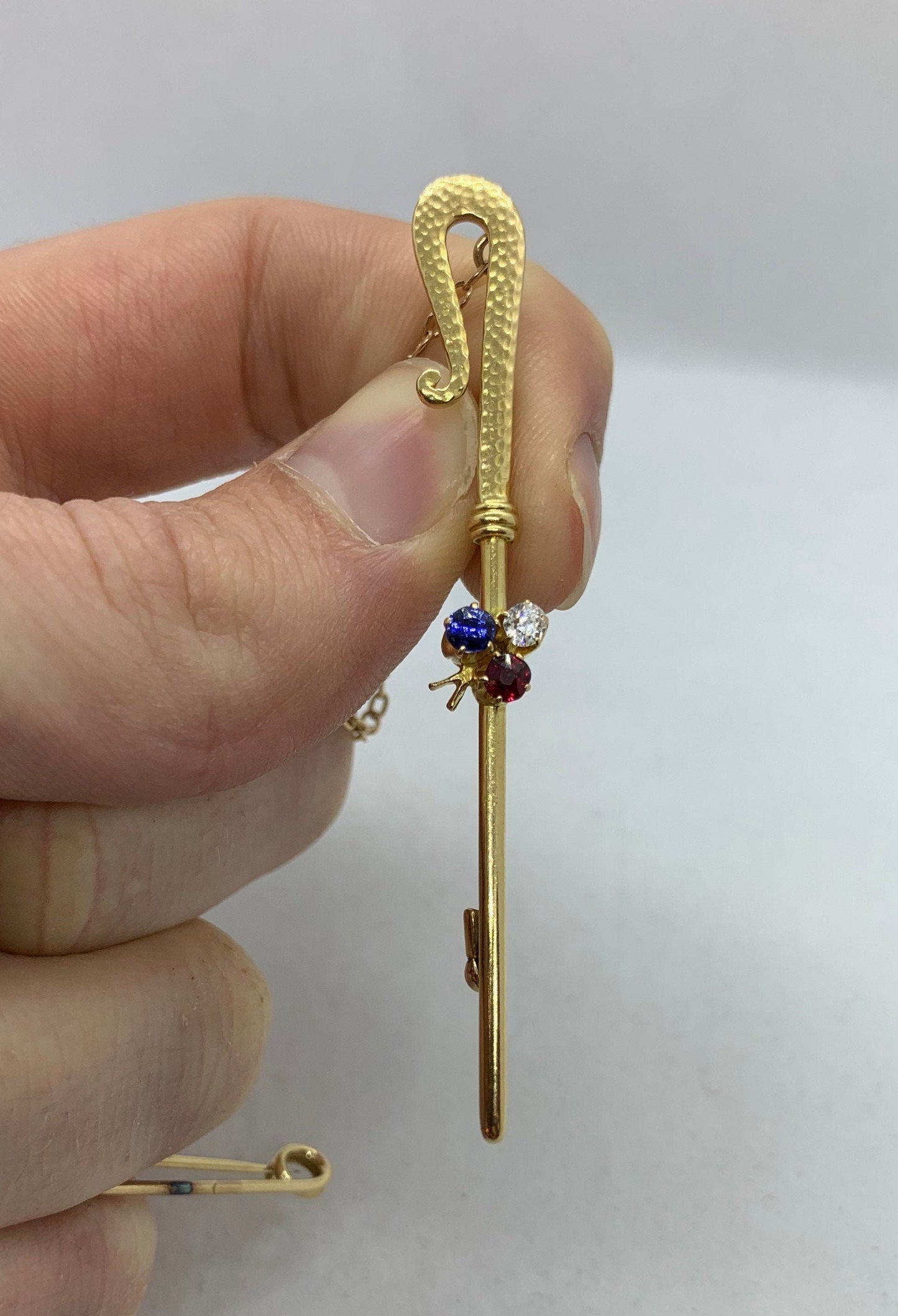 Antique Diamond, Sapphire and Ruby 15ct Gold Shepperd's Crook / Rod / Staff Brooch.