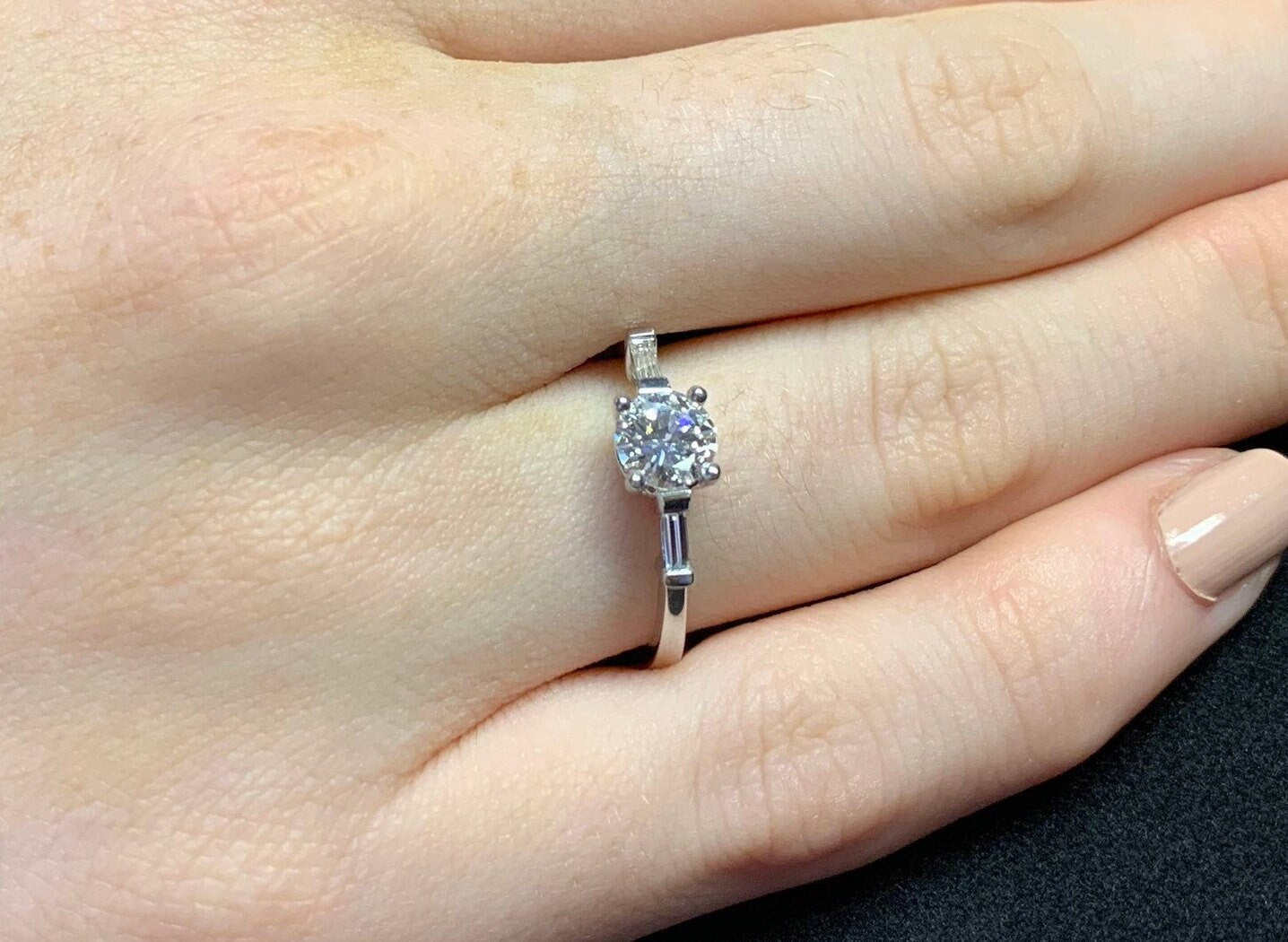 Art Deco Engagement Ring. Diamond Solitaire. Certificated Diamond 18ct White Gold Ring. Modern Brilliant and Baguette Cut Diamonds.
