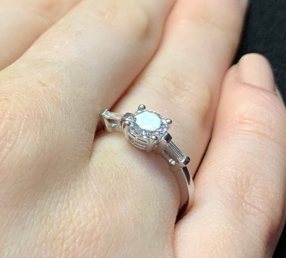 Art Deco Engagement Ring. Diamond Solitaire. Certificated Diamond 18ct White Gold Ring. Modern Brilliant and Baguette Cut Diamonds.