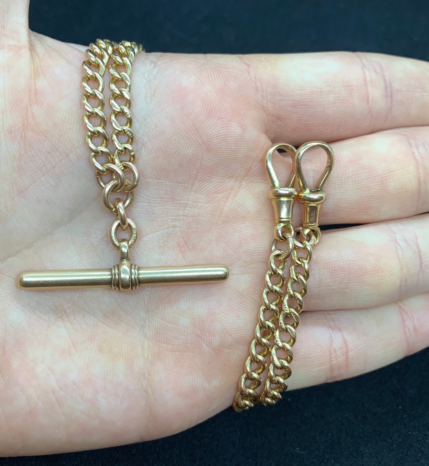Antique 9ct Rose Gold Double Albert Watch Chain with T-Bar. Solid Gold. Graduated Curb.