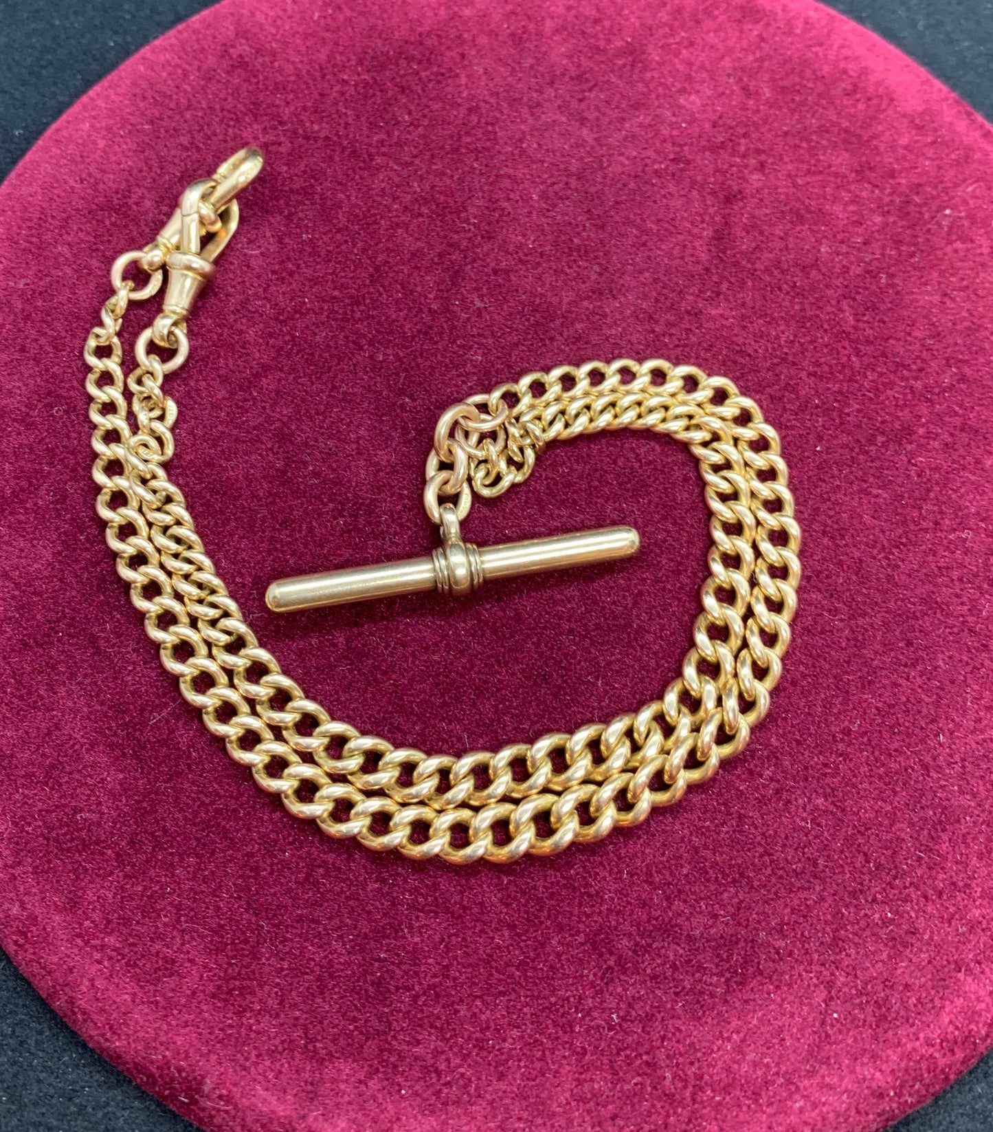 Antique 9ct Rose Gold Double Albert Watch Chain with T-Bar. Solid Gold. Graduated Curb.