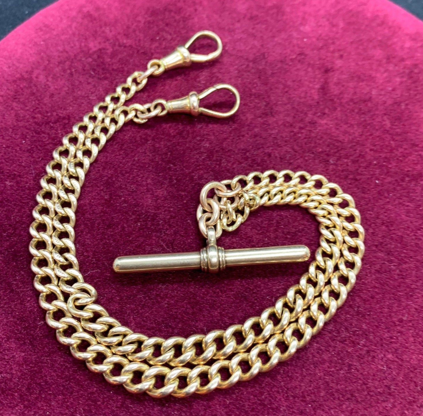 Antique 9ct Rose Gold Double Albert Watch Chain with T-Bar. Solid Gold. Graduated Curb.