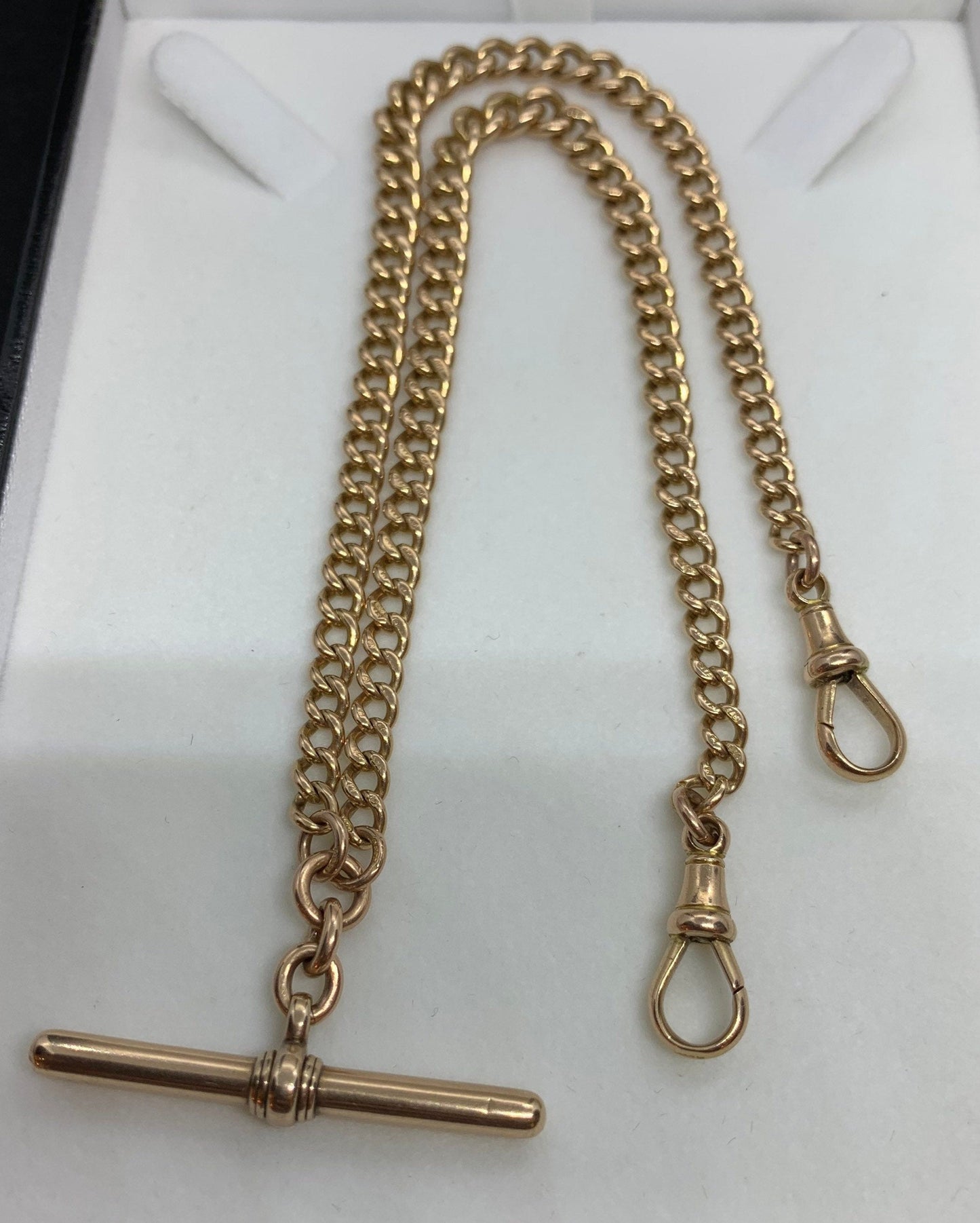Antique 9ct Rose Gold Double Albert Watch Chain with T-Bar. Solid Gold. Graduated Curb.