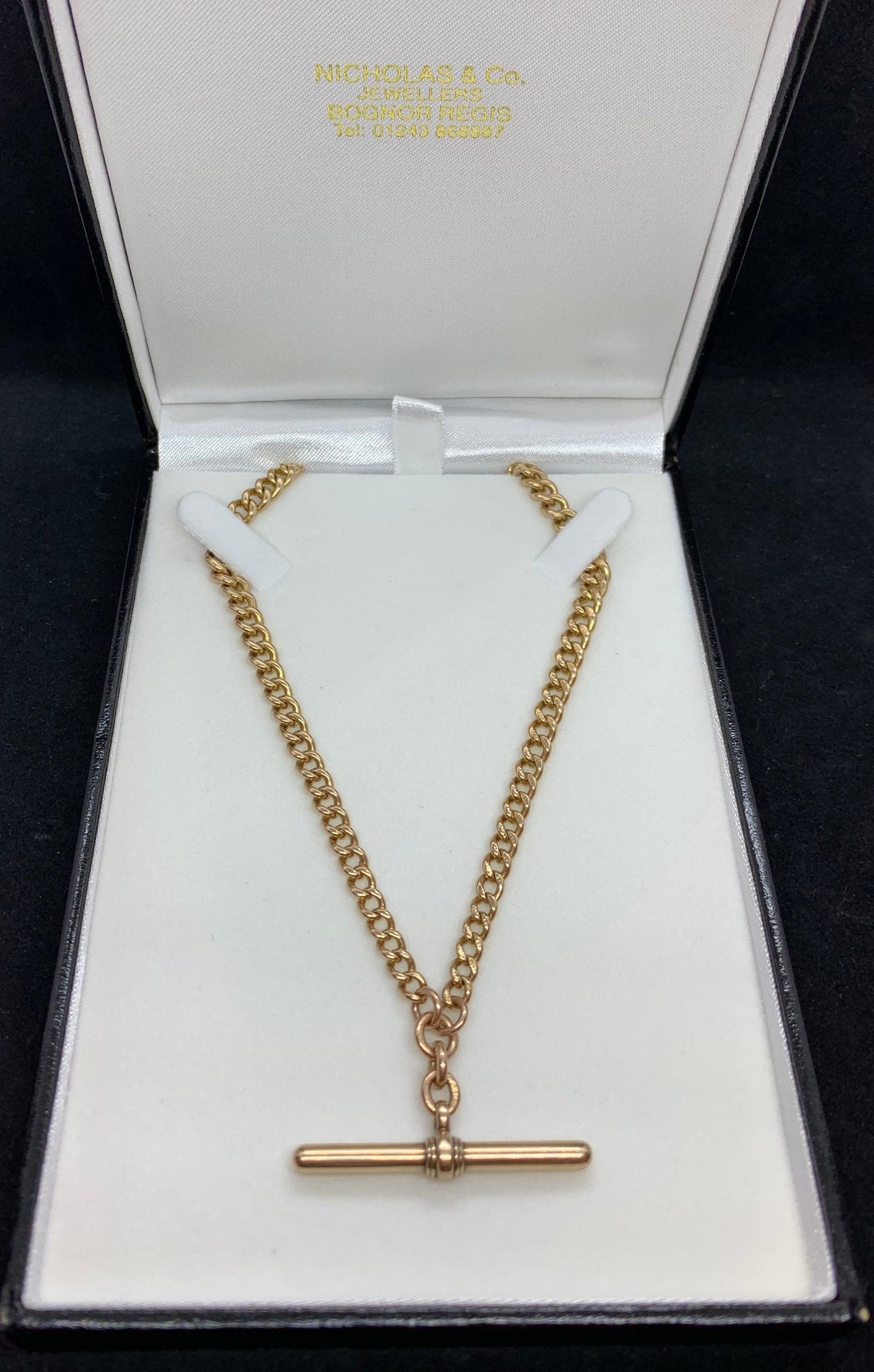 Antique 9ct Rose Gold Double Albert Watch Chain with T-Bar. Solid Gold. Graduated Curb.