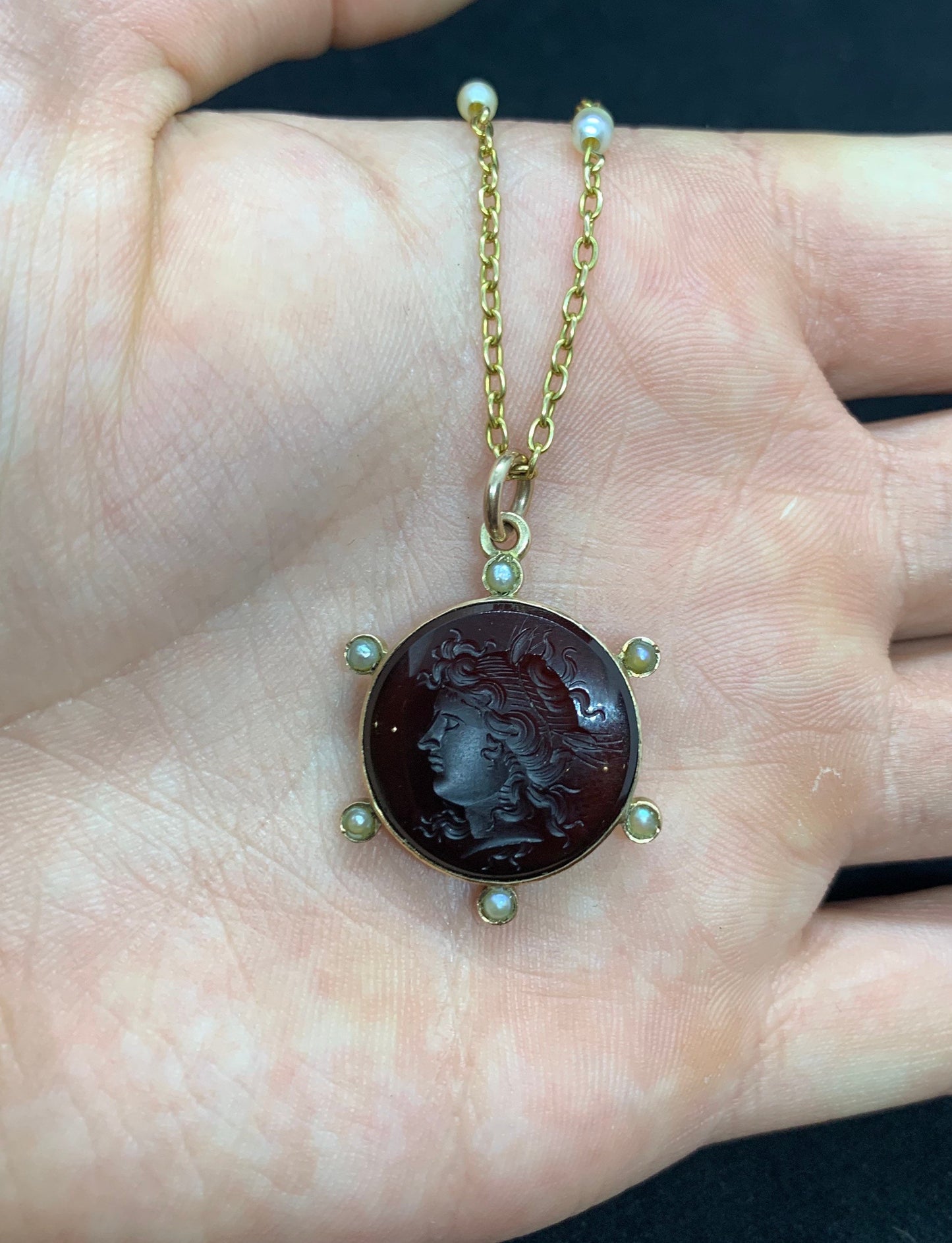 Antique Carved Intaglio Pendant. 9ct Gold & Pearl Chain. 'Ceres'  Goddess of Agriculture, Fertility And Motherly Relationships. 1890-1900.