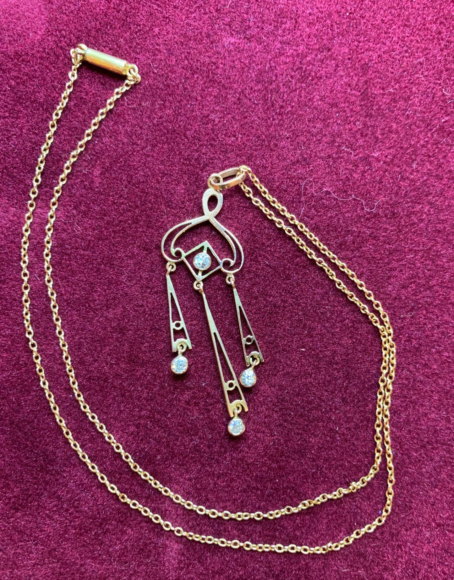 Antique Diamond 9ct Gold Pendant with Chain. Edwardian / Art Deco. Old European Cut Diamonds. Genuine Period Jewel.