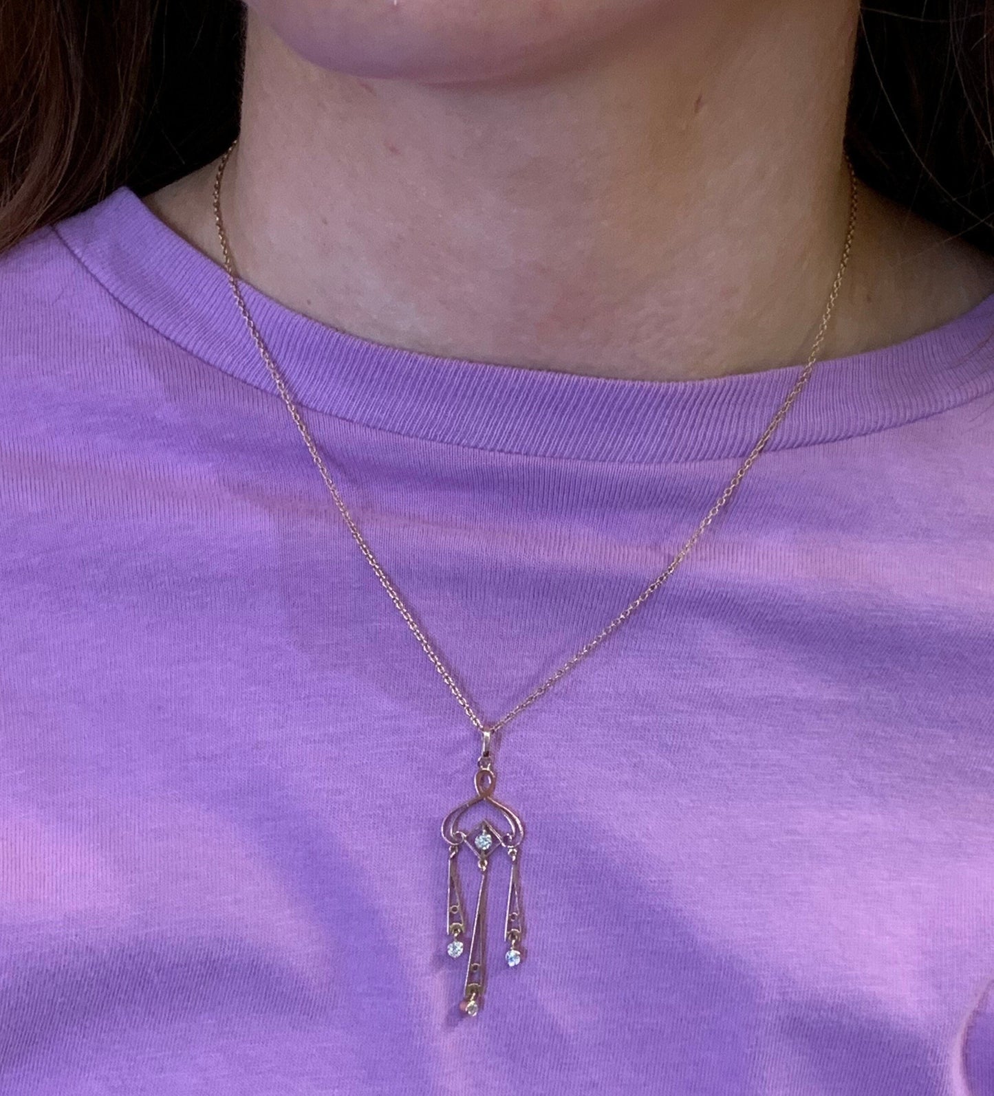 Antique Diamond 9ct Gold Pendant with Chain. Edwardian / Art Deco. Old European Cut Diamonds. Genuine Period Jewel.