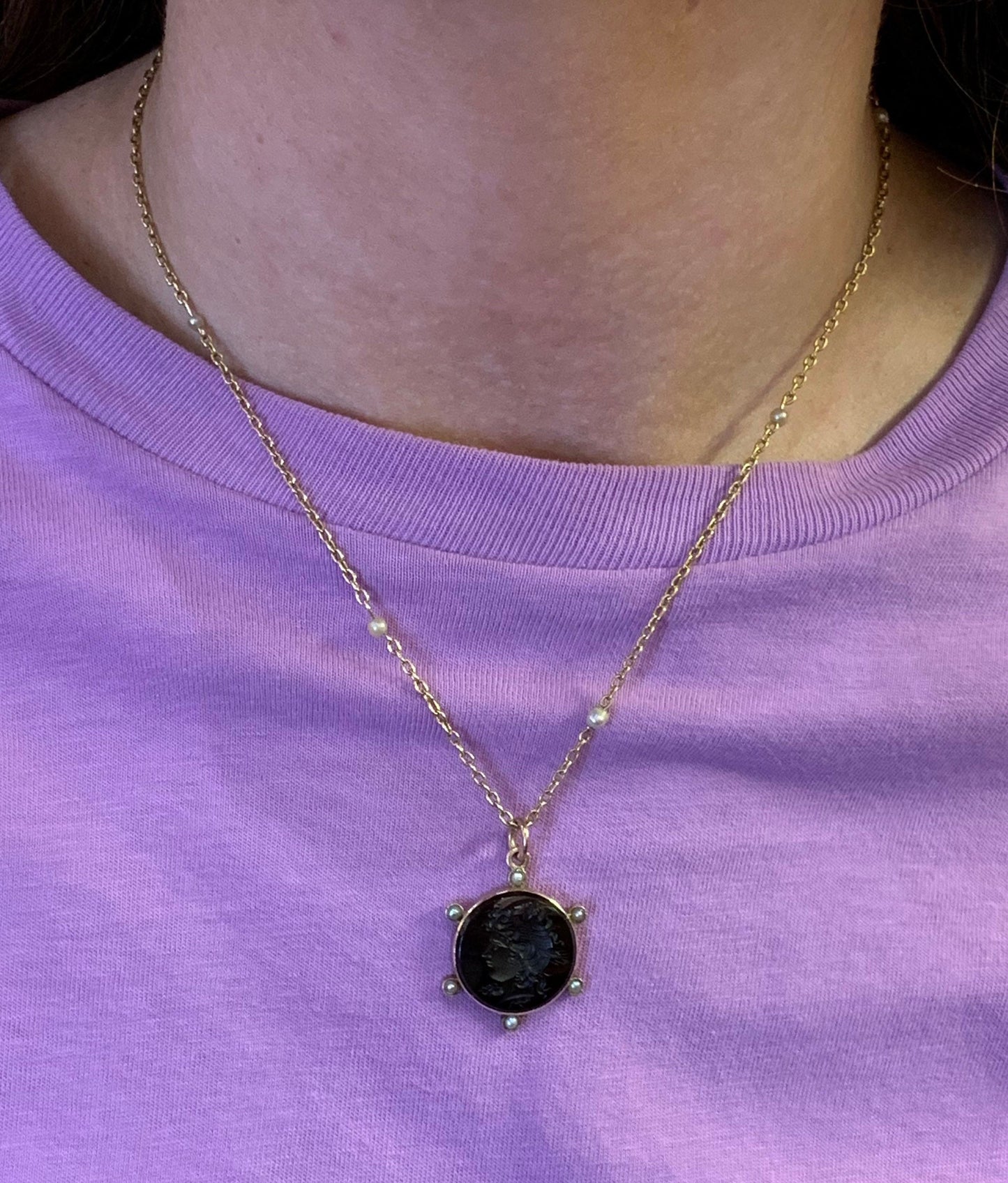 Antique Carved Intaglio Pendant. 9ct Gold & Pearl Chain. 'Ceres'  Goddess of Agriculture, Fertility And Motherly Relationships. 1890-1900.