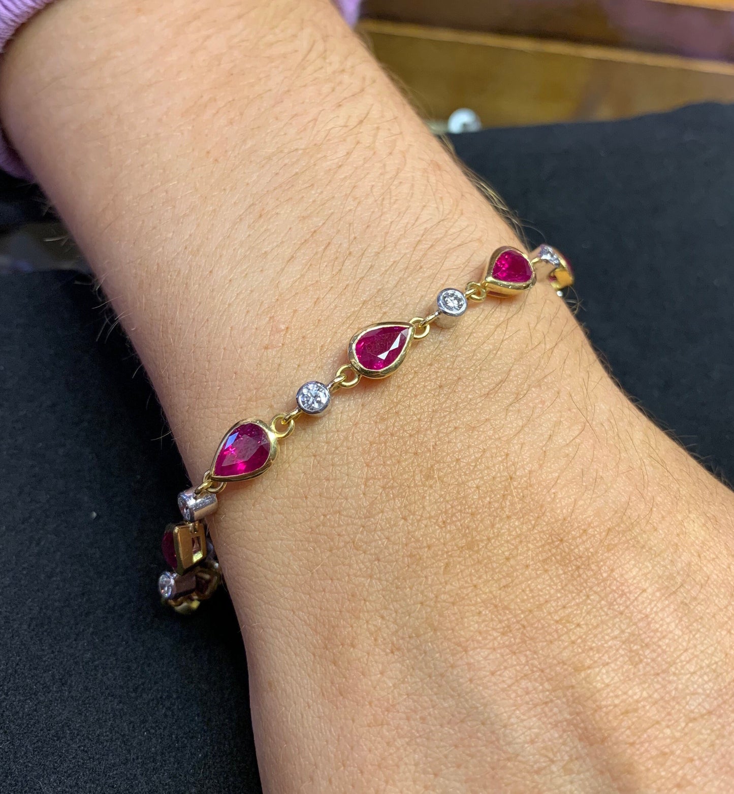 18ct Gold Diamond & Pear Ruby Bracelet, Vintage Fine Jewelry