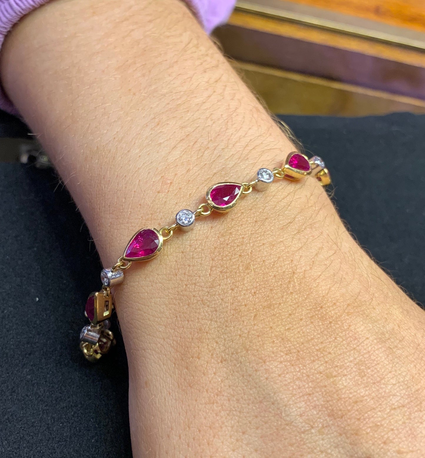 18ct Gold Diamond & Pear Ruby Bracelet, Vintage Fine Jewelry