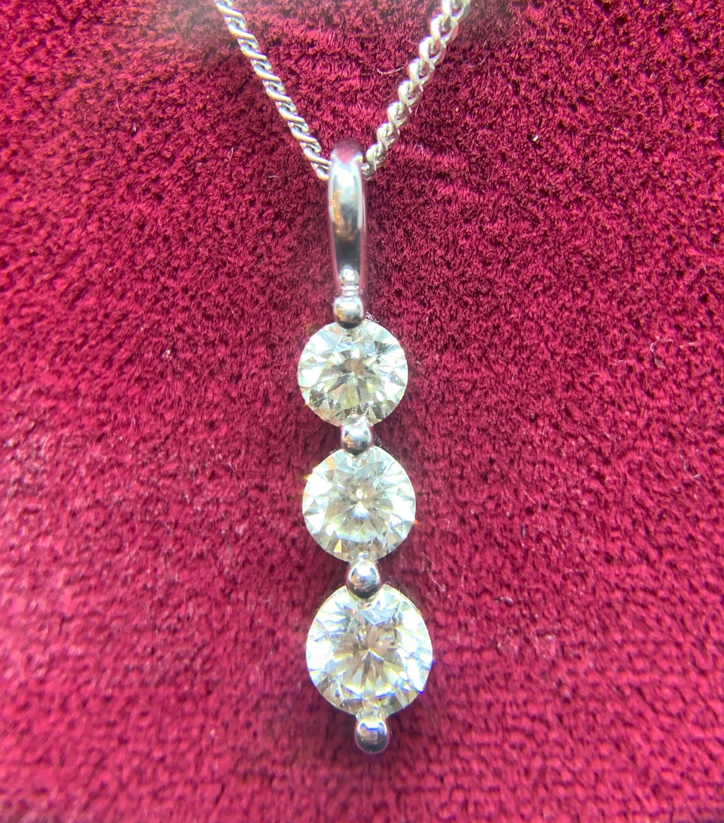 18ct White Gold Diamond Drop Trilogy Pendant. 1.00 carat Total. Quality Diamonds.
