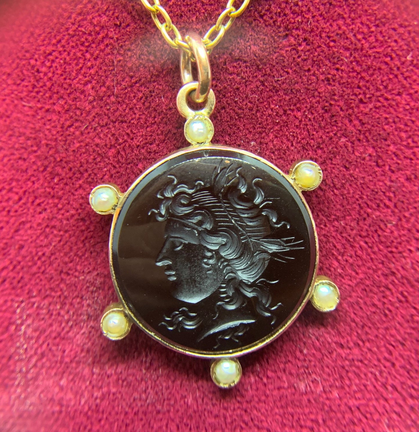 Antique Carved Intaglio Pendant. 9ct Gold & Pearl Chain. 'Ceres'  Goddess of Agriculture, Fertility And Motherly Relationships. 1890-1900.