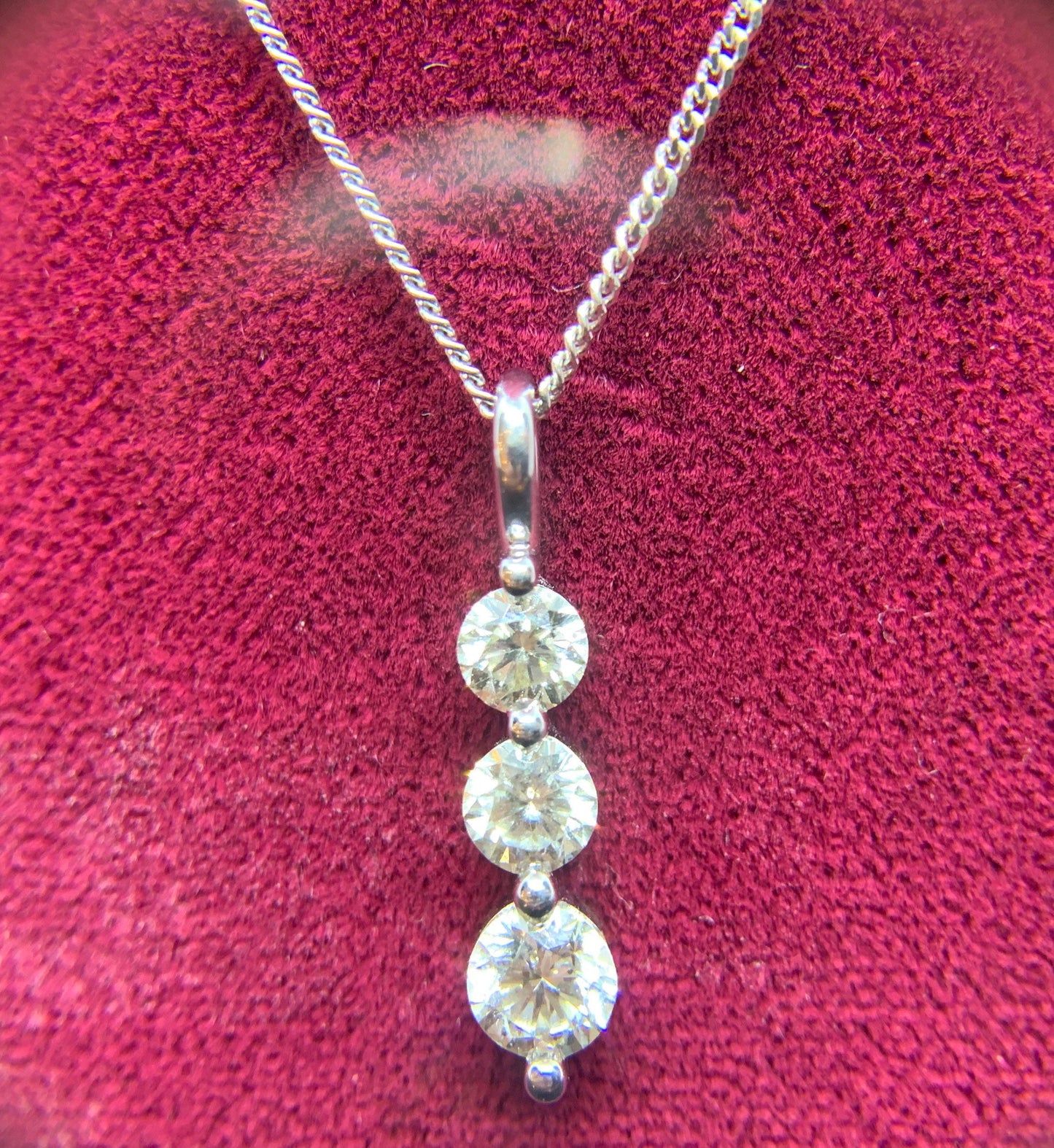 18ct White Gold Diamond Drop Trilogy Pendant. 1.00 carat Total. Quality Diamonds.