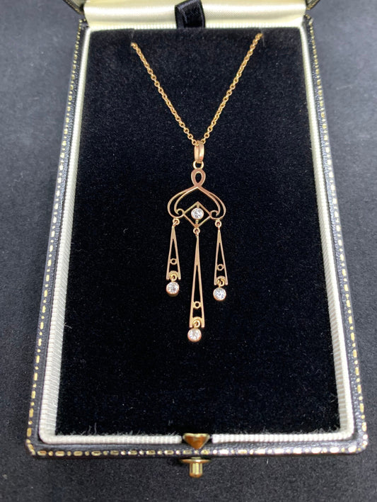 Antique Diamond 9ct Gold Pendant with Chain. Edwardian / Art Deco. Old European Cut Diamonds. Genuine Period Jewel.