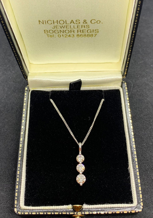 18ct White Gold Diamond Drop Trilogy Pendant. 1.00 carat Total. Quality Diamonds.