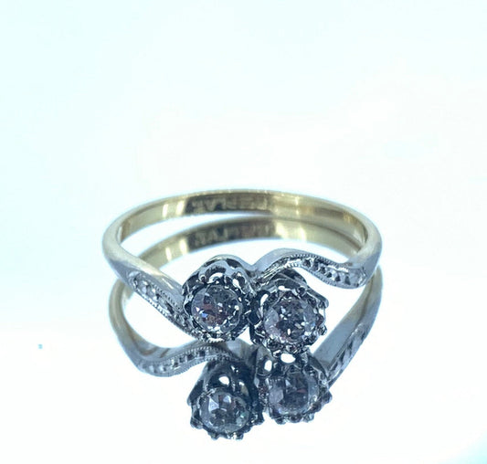 Antique Art Deco Edwardian Diamond 18ct Gold and Platinum Crossover Ring.