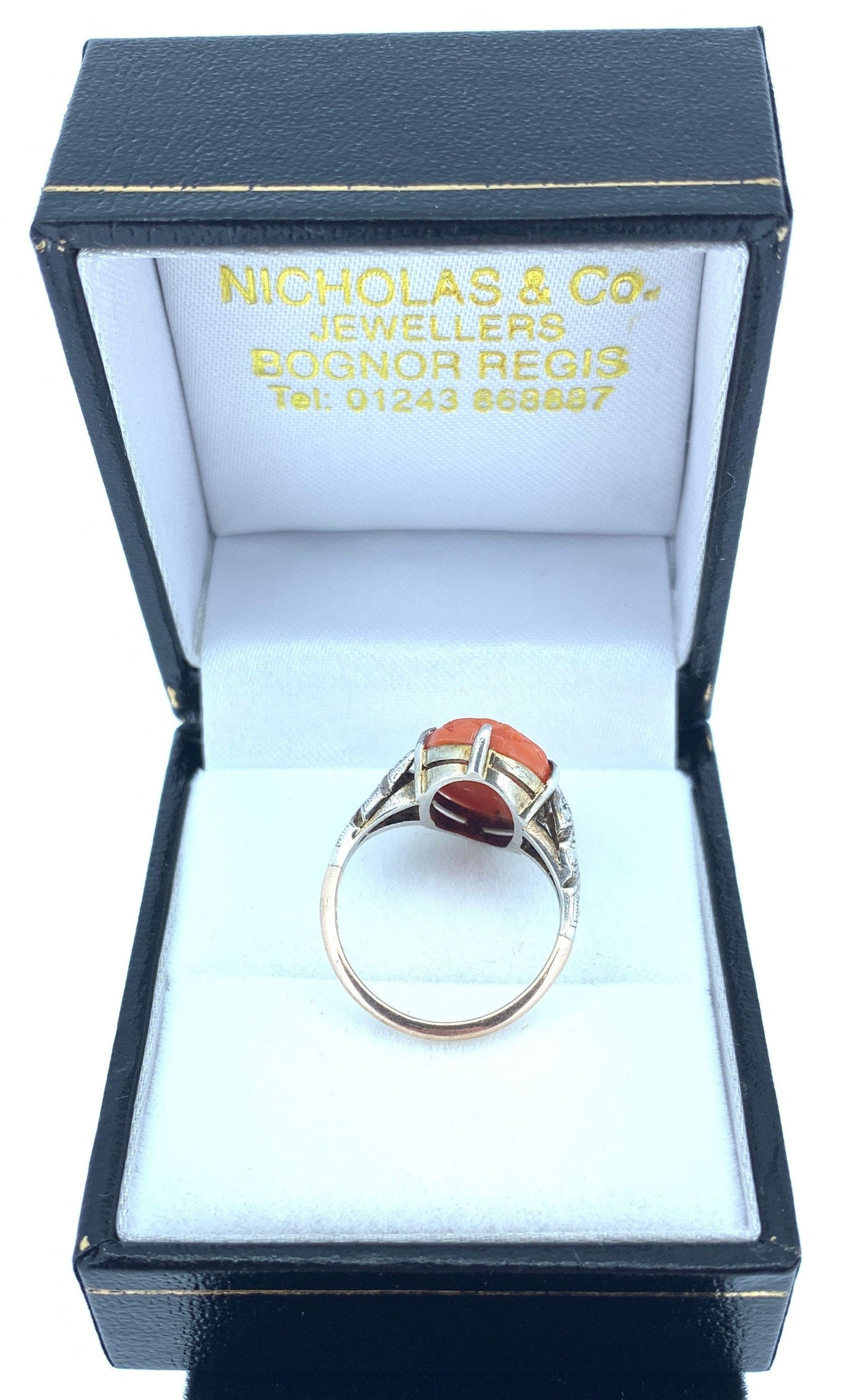 Antique Art Deco Carved Coral Ring. 9ct Gold Shank and Silver Settings.