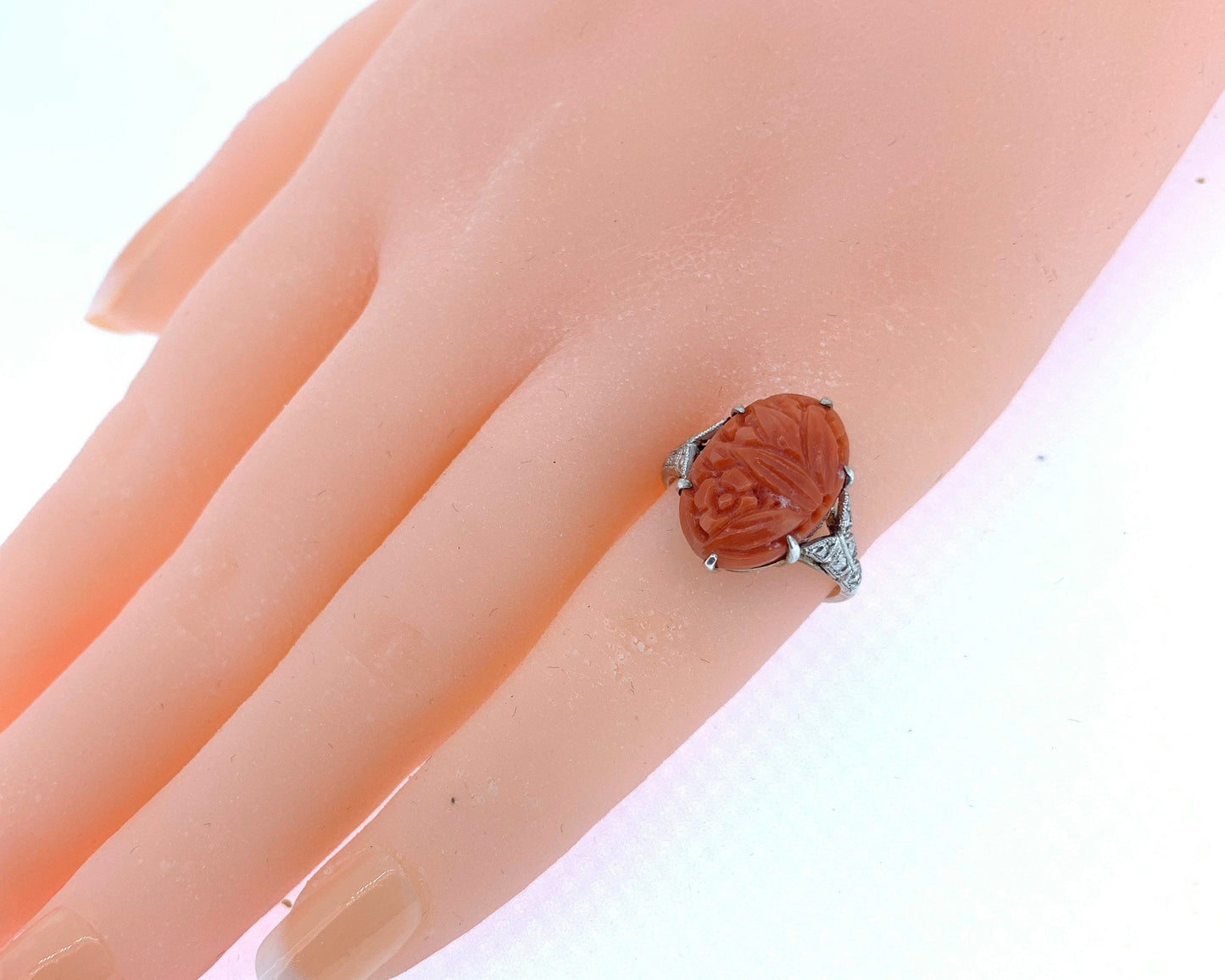 Antique Art Deco Carved Coral Ring. 9ct Gold Shank and Silver Settings.