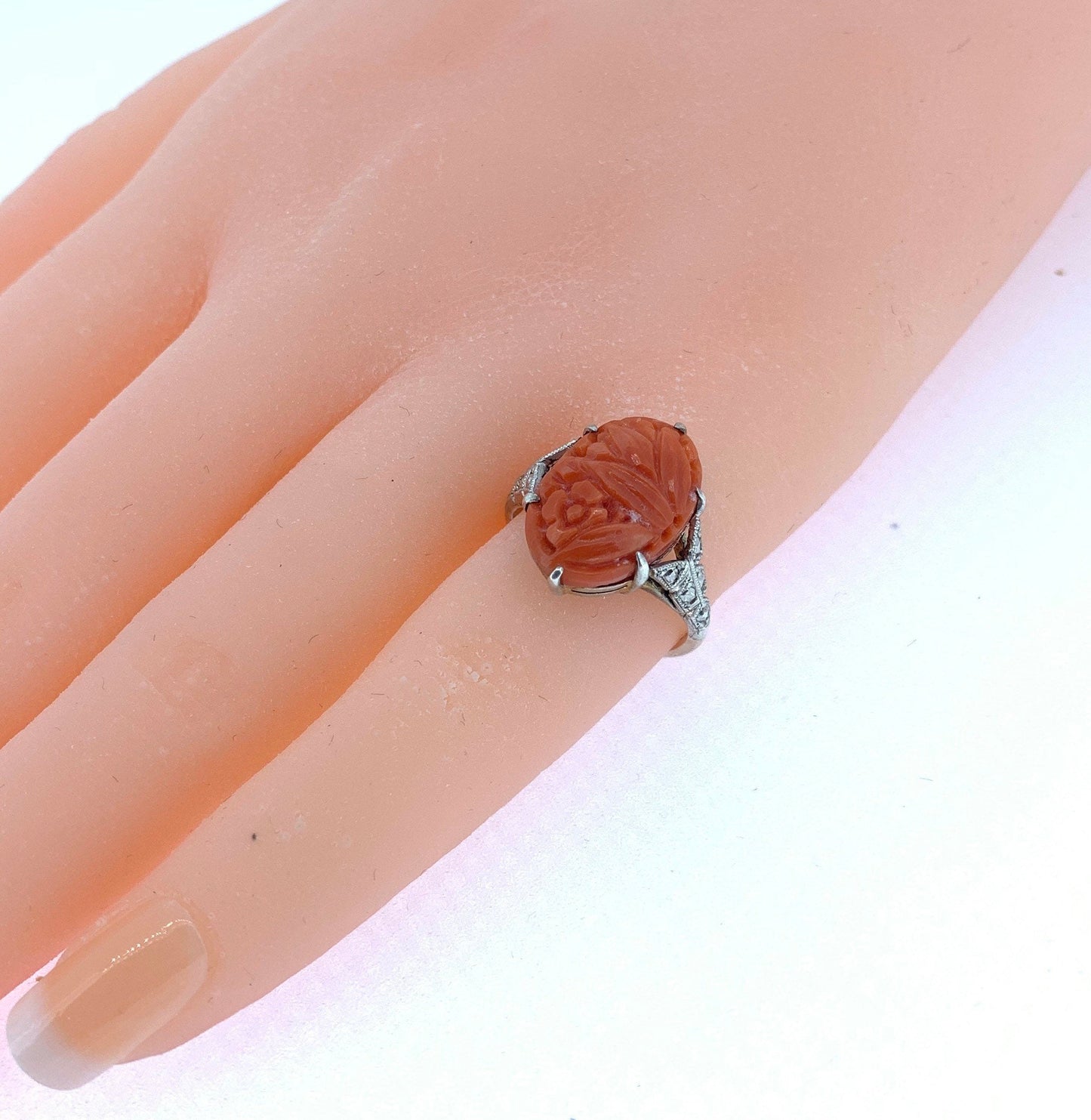 Antique Art Deco Carved Coral Ring. 9ct Gold Shank and Silver Settings.