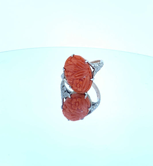 Antique Art Deco Carved Coral Ring. 9ct Gold Shank and Silver Settings.