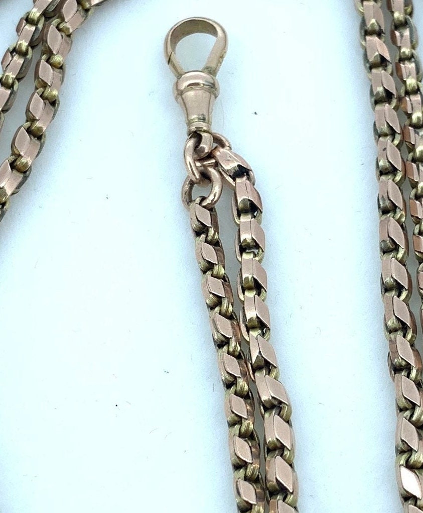 Antique 9ct Rose Gold Guard Chain. English Victorian Gold Muff Chain, Full Length.  Long Chain. 33.6g 55 Inches.