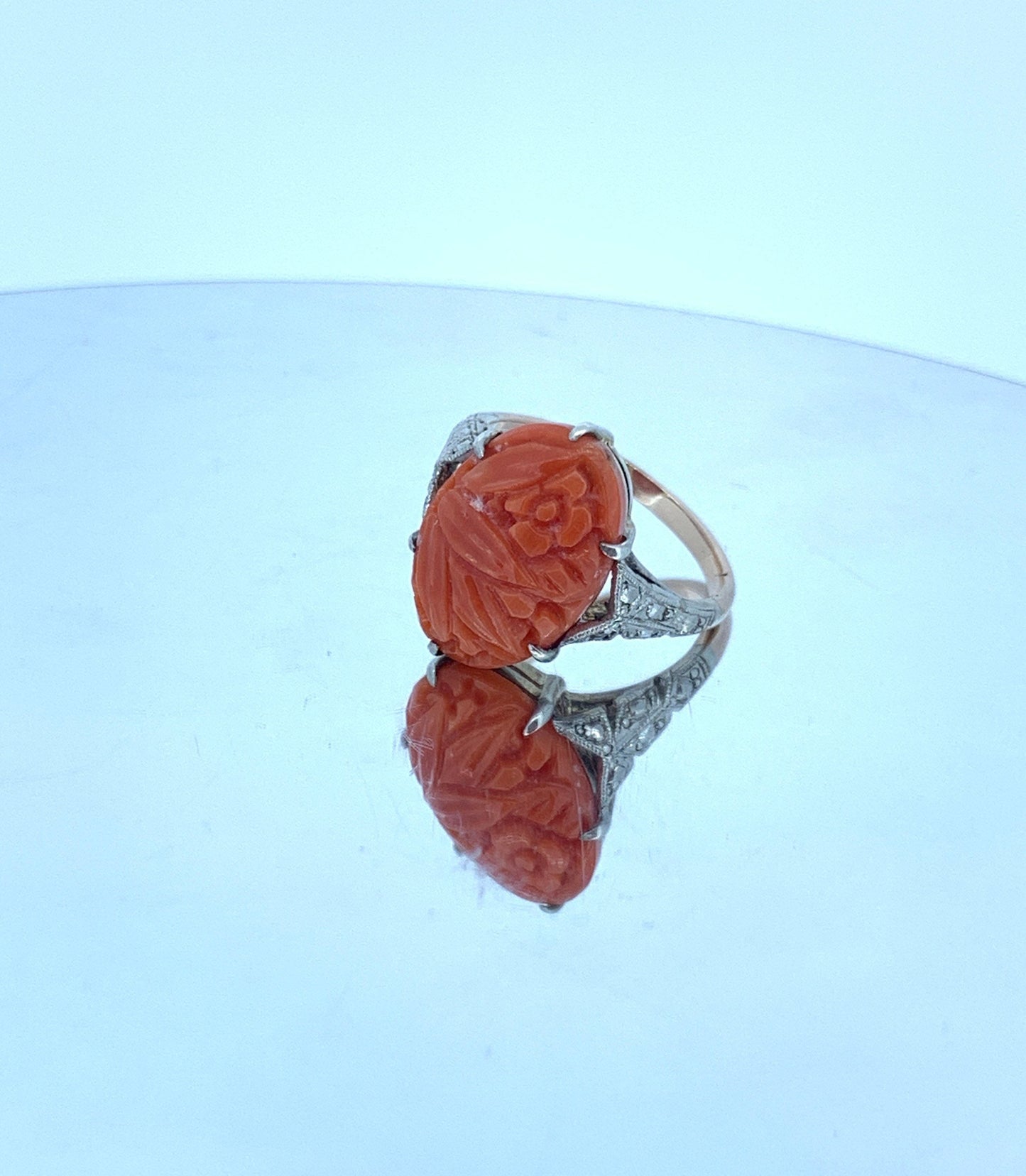 Antique Art Deco Carved Coral Ring. 9ct Gold Shank and Silver Settings.