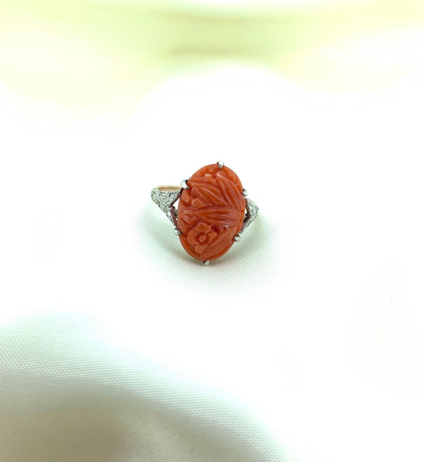 Antique Art Deco Carved Coral Ring. 9ct Gold Shank and Silver Settings.