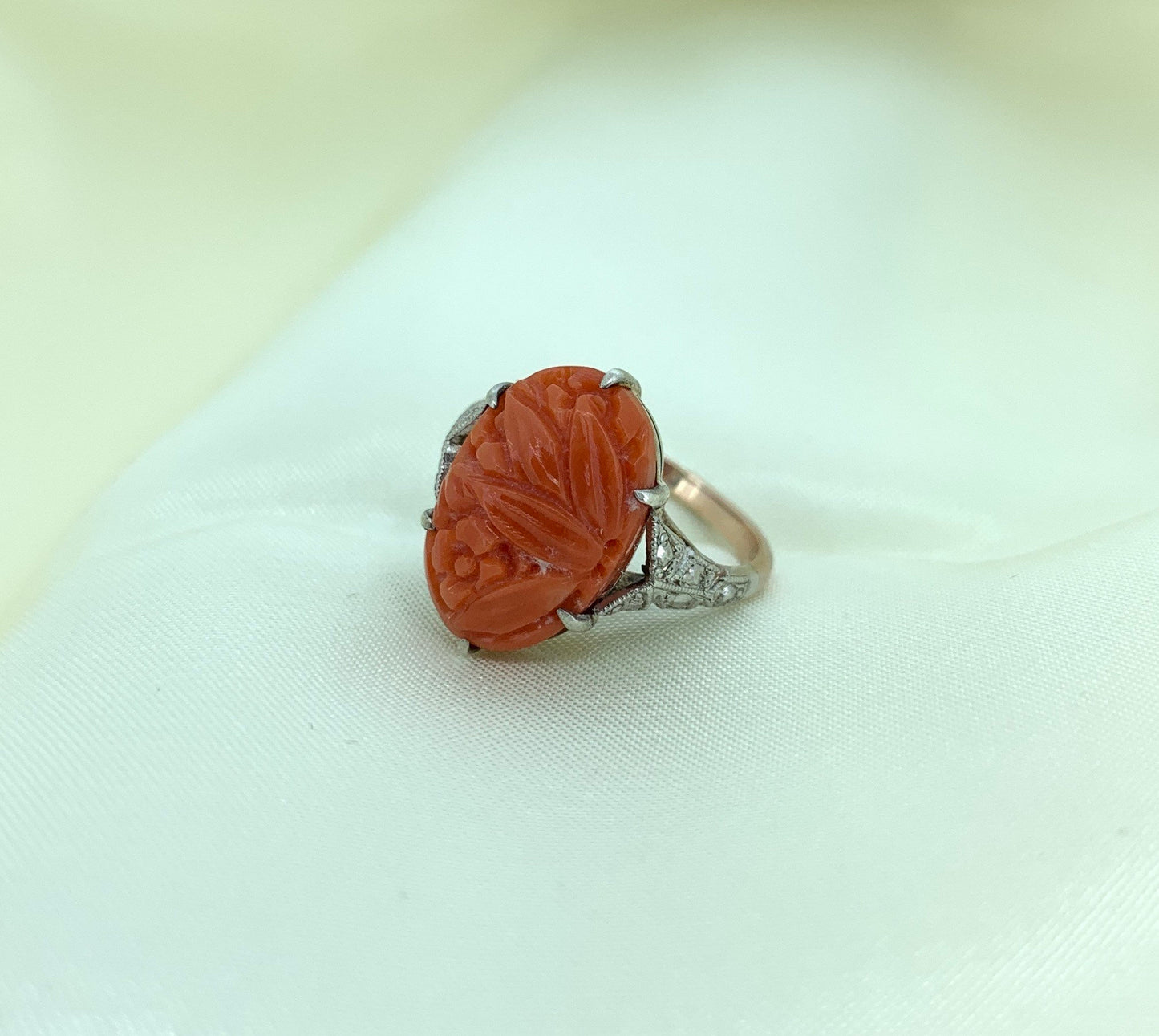 Antique Art Deco Carved Coral Ring. 9ct Gold Shank and Silver Settings.