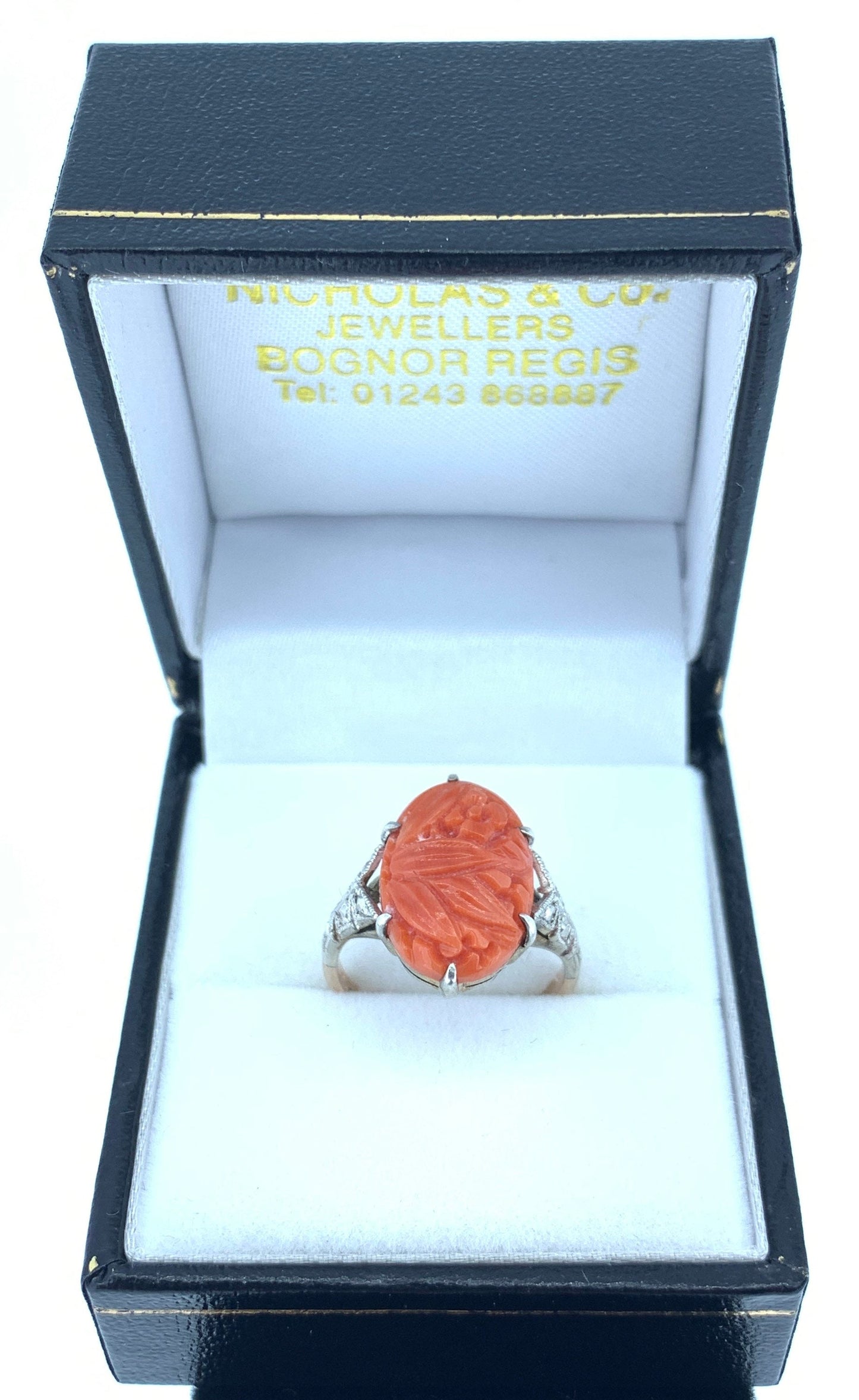 Antique Art Deco Carved Coral Ring. 9ct Gold Shank and Silver Settings.