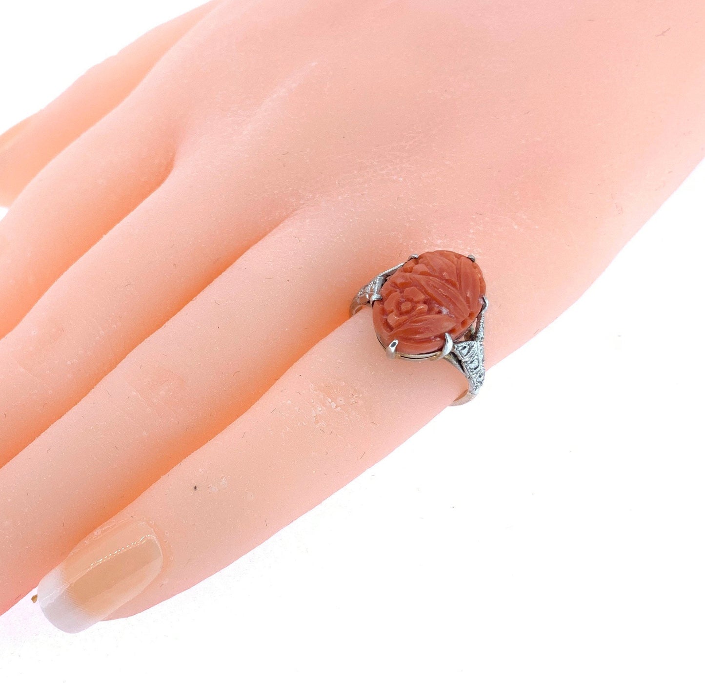 Antique Art Deco Carved Coral Ring. 9ct Gold Shank and Silver Settings.
