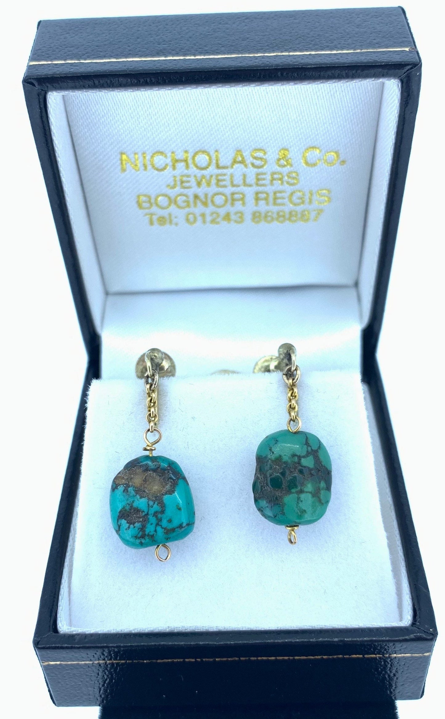 Antique Art Nouveau, Arts & Crafts Victorian Turquoise Matrix 9ct Gold Drop Earrings.