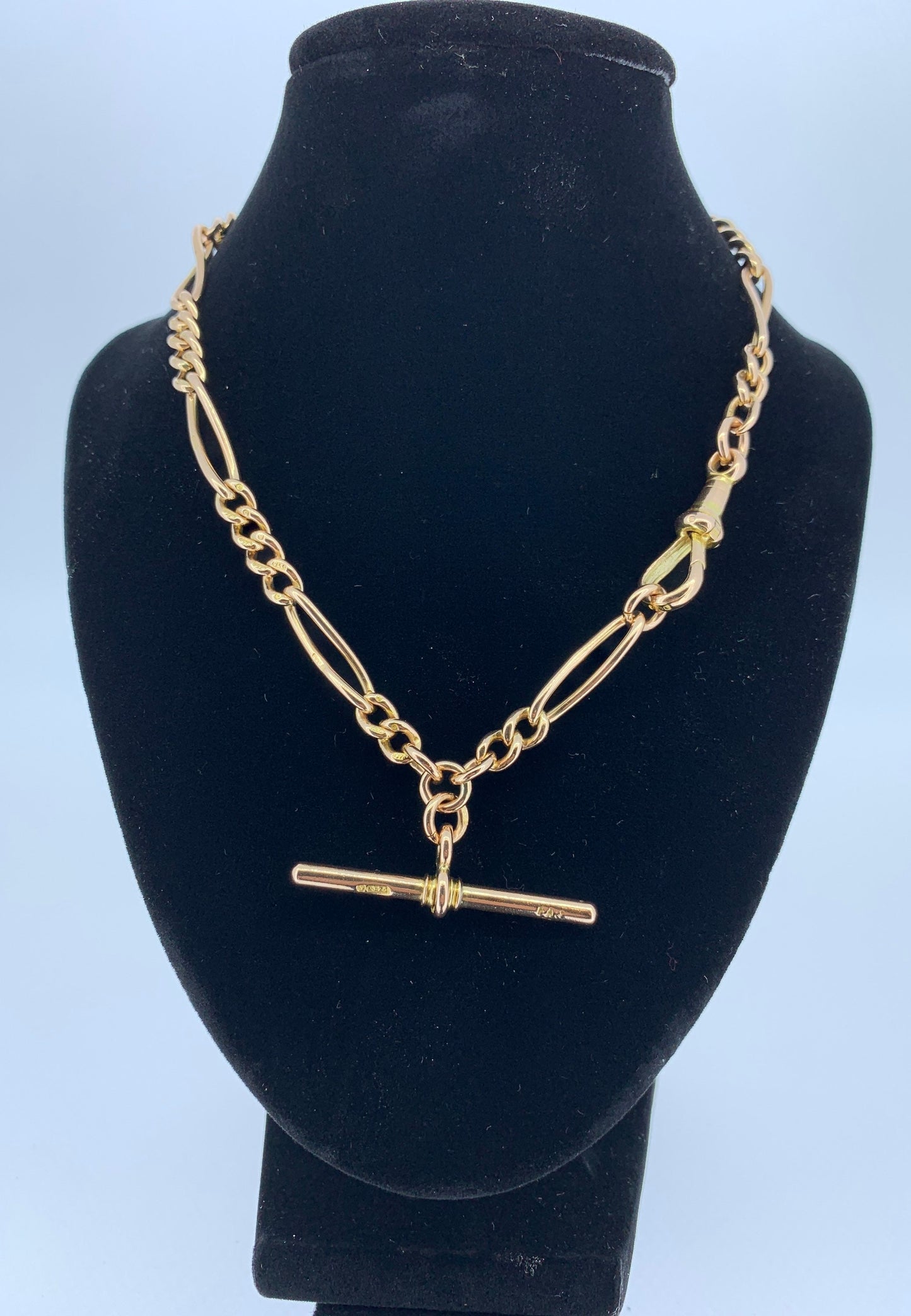 Antique 9ct Rose Gold Watch Chain with T-Bar. Hallmarked 1897.  Single Albert Watch Chain.