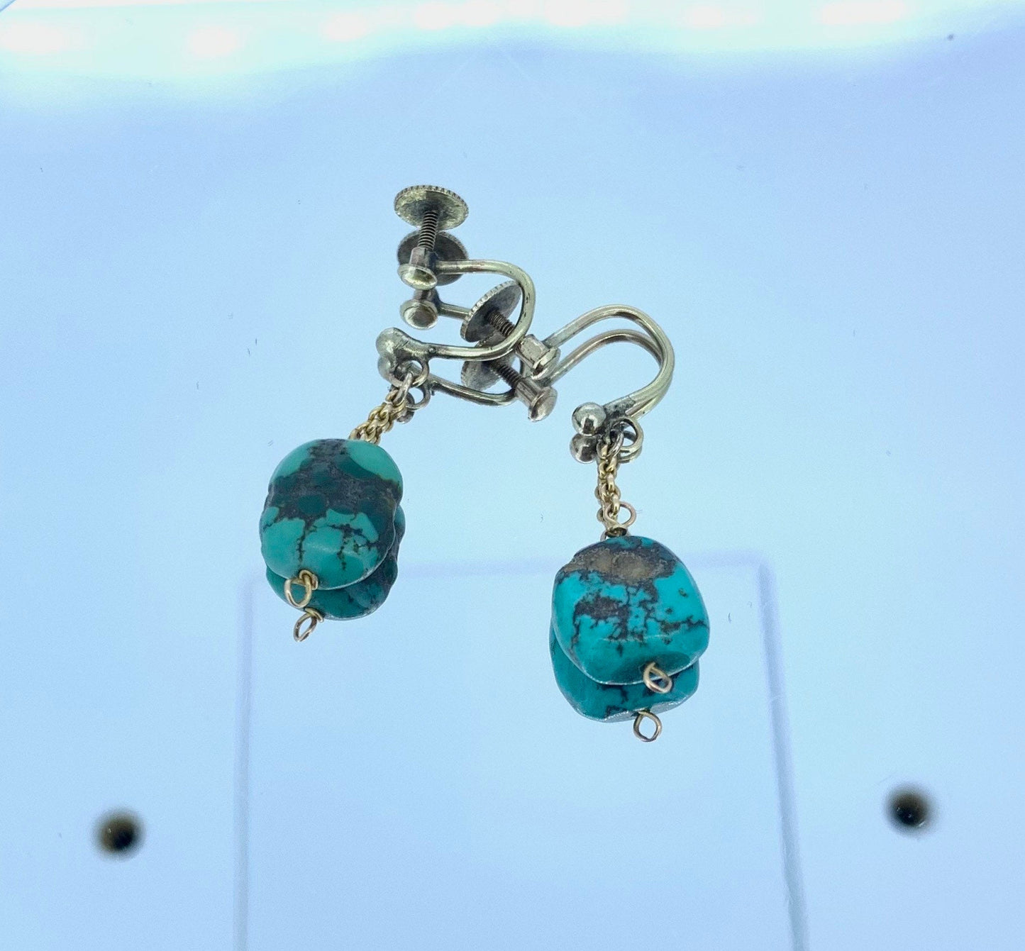 Antique Art Nouveau, Arts & Crafts Victorian Turquoise Matrix 9ct Gold Drop Earrings.