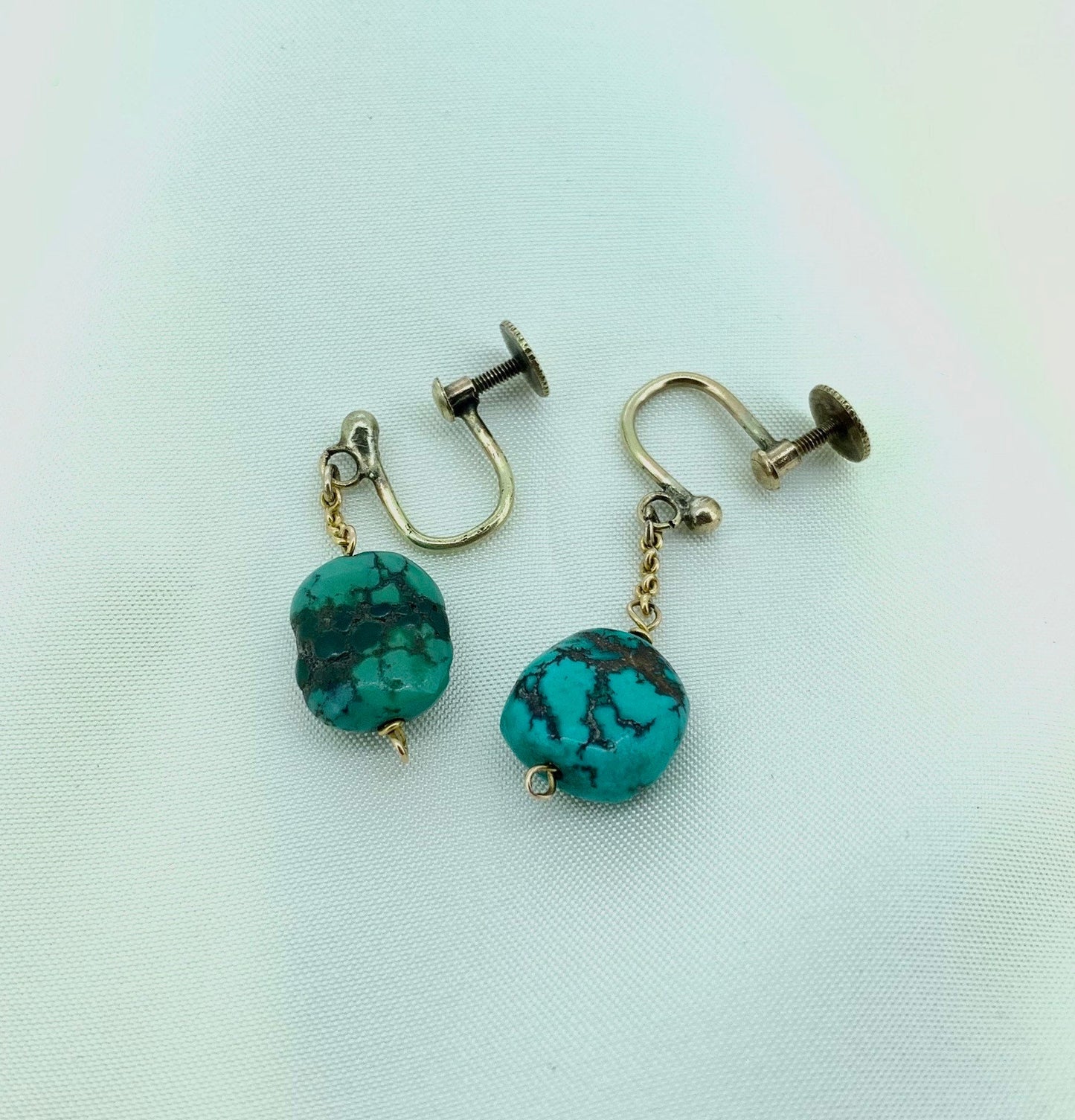 Antique Art Nouveau, Arts & Crafts Victorian Turquoise Matrix 9ct Gold Drop Earrings.