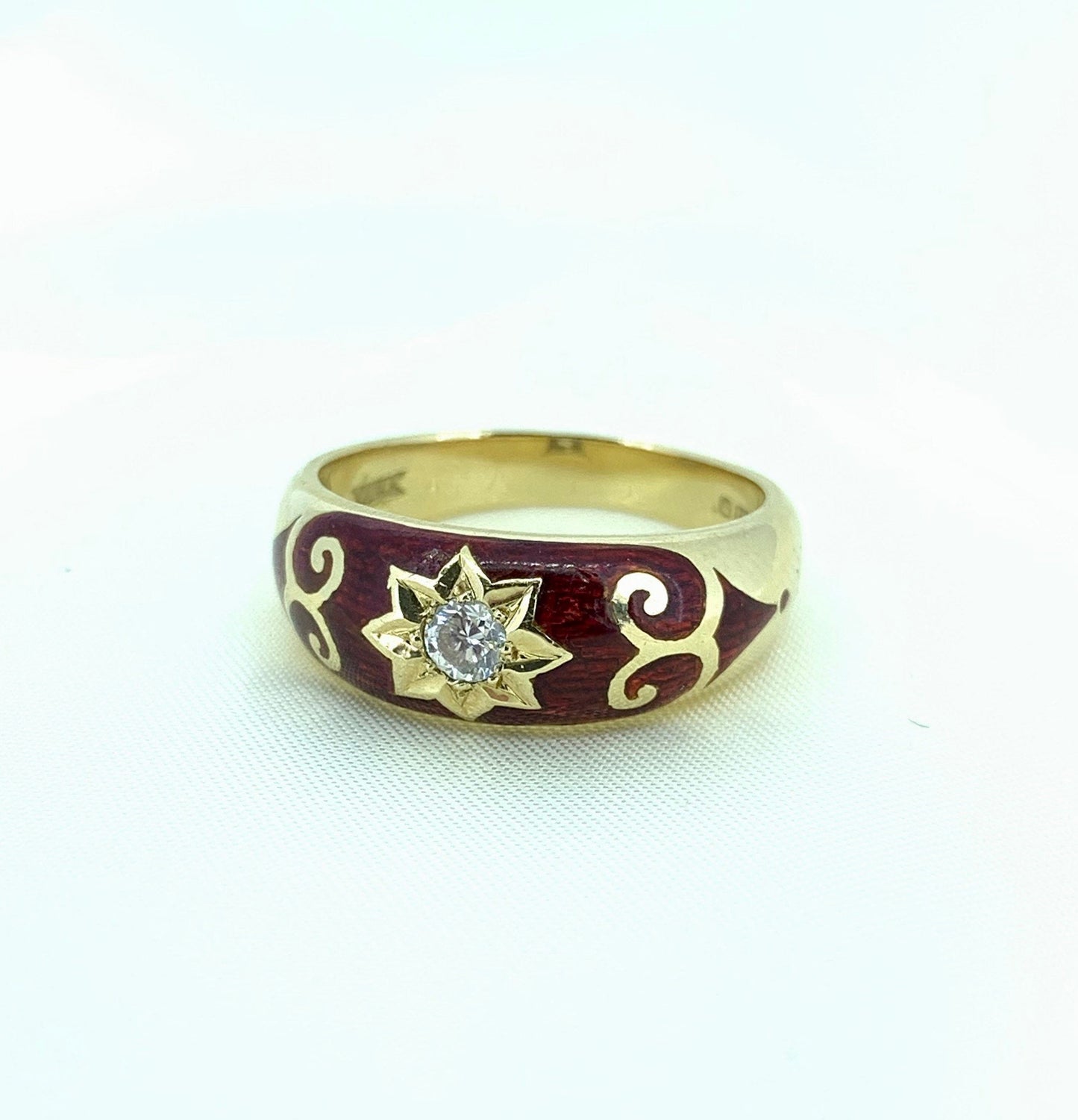 Vintage Diamond and Red Enamel Star Set 18ct Gold Gypsy Ring.  Gypsy Wedding Ring.