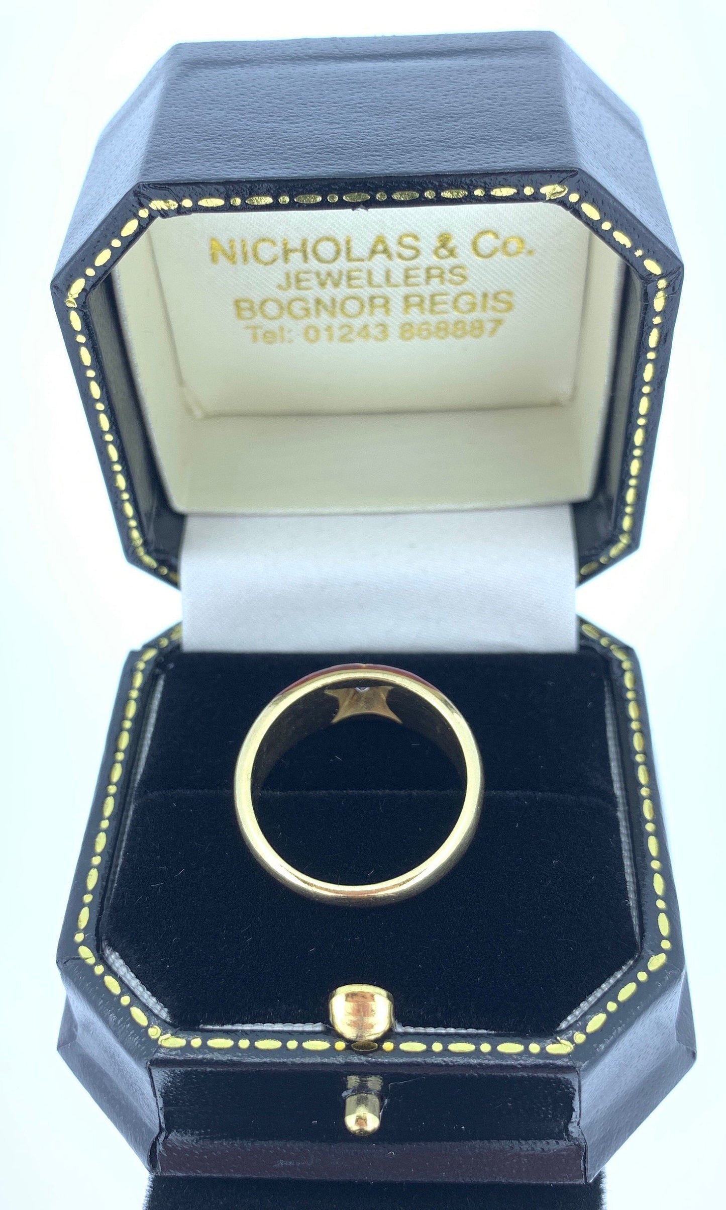 Vintage Diamond and Red Enamel Star Set 18ct Gold Gypsy Ring.  Gypsy Wedding Ring.